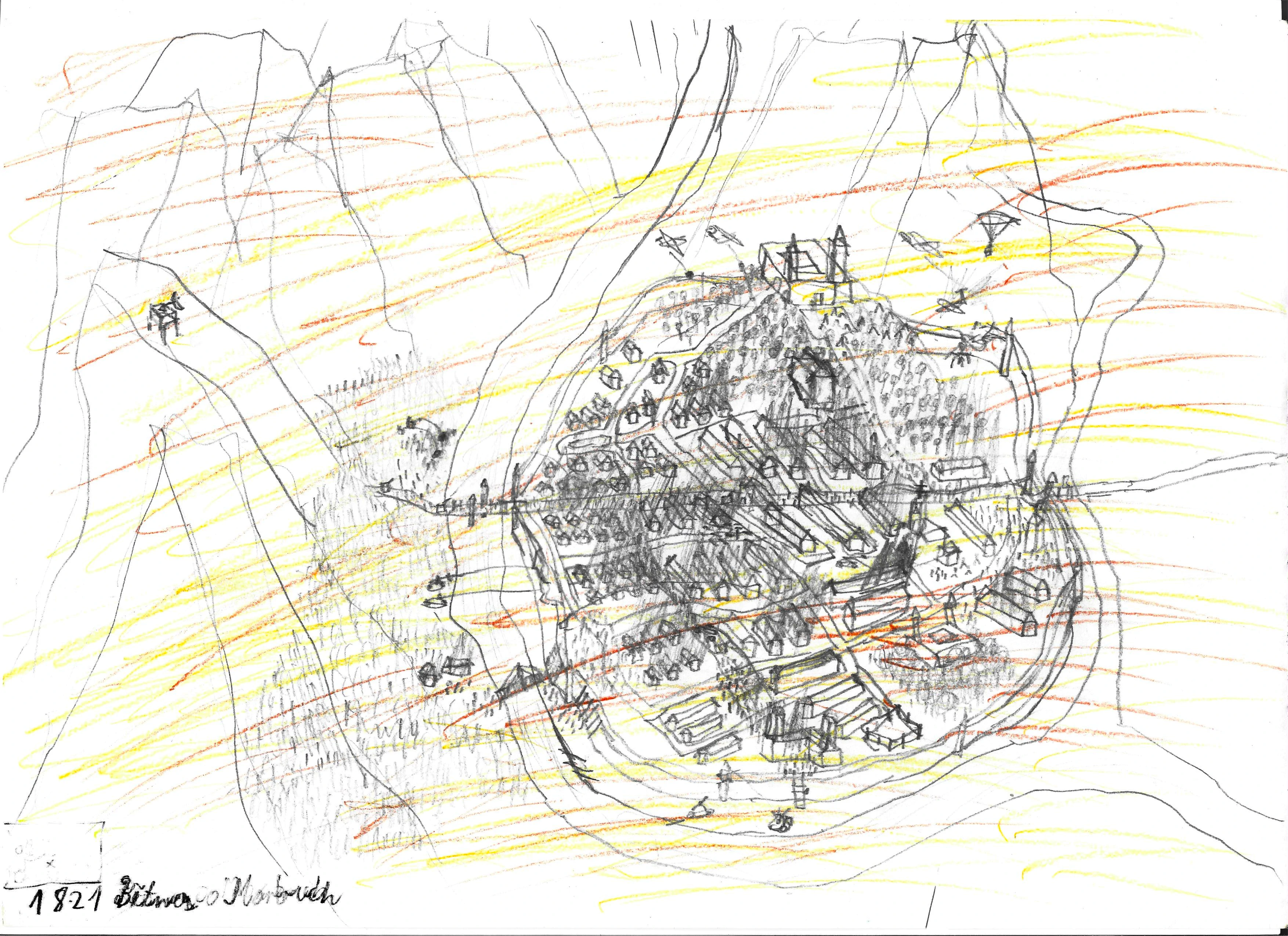 drawing of a city in the valley at with rows of houses on flames, colors adjusted