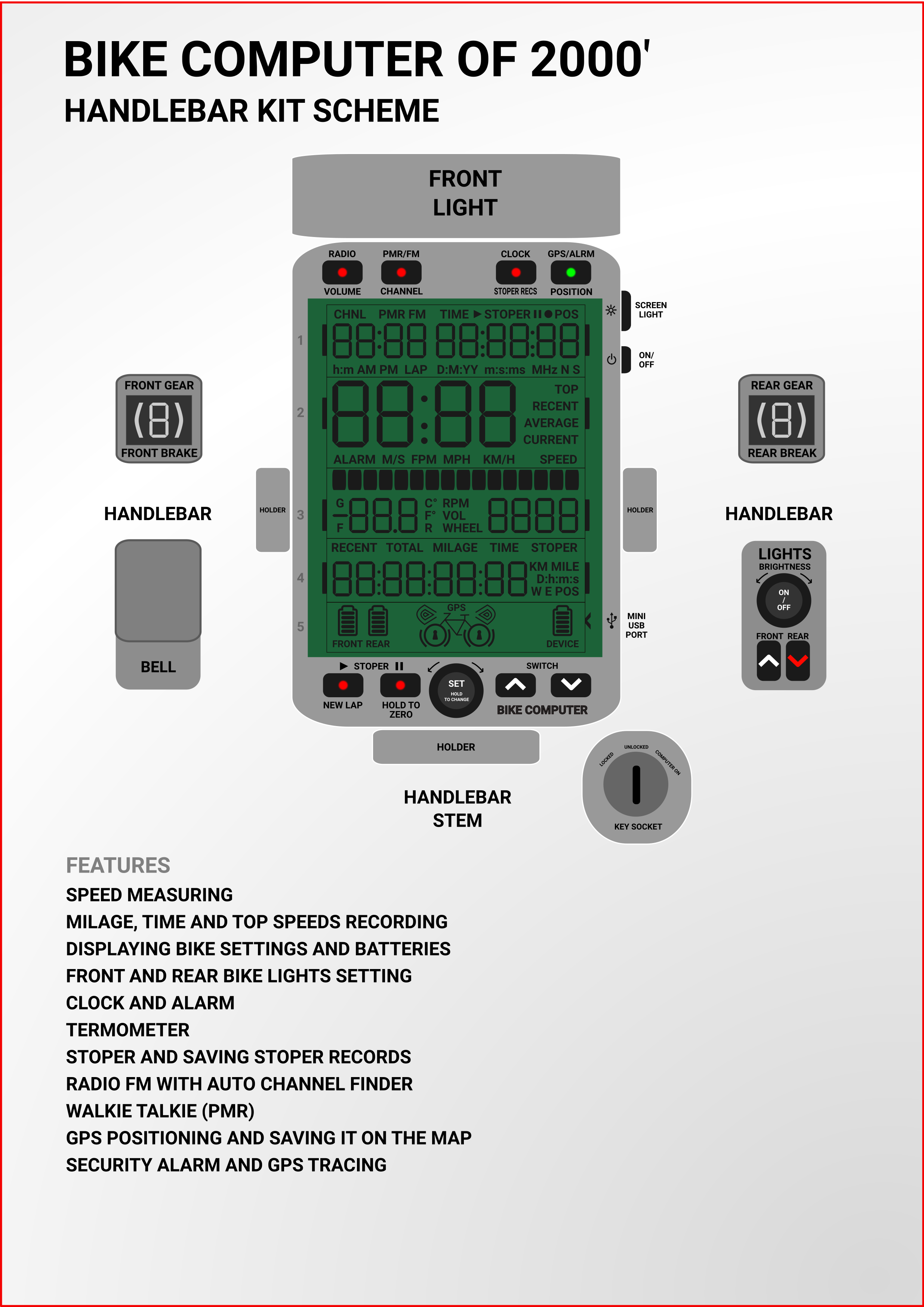 Bike computer mock-up with proprietary LCS screen, 2000's style (project)