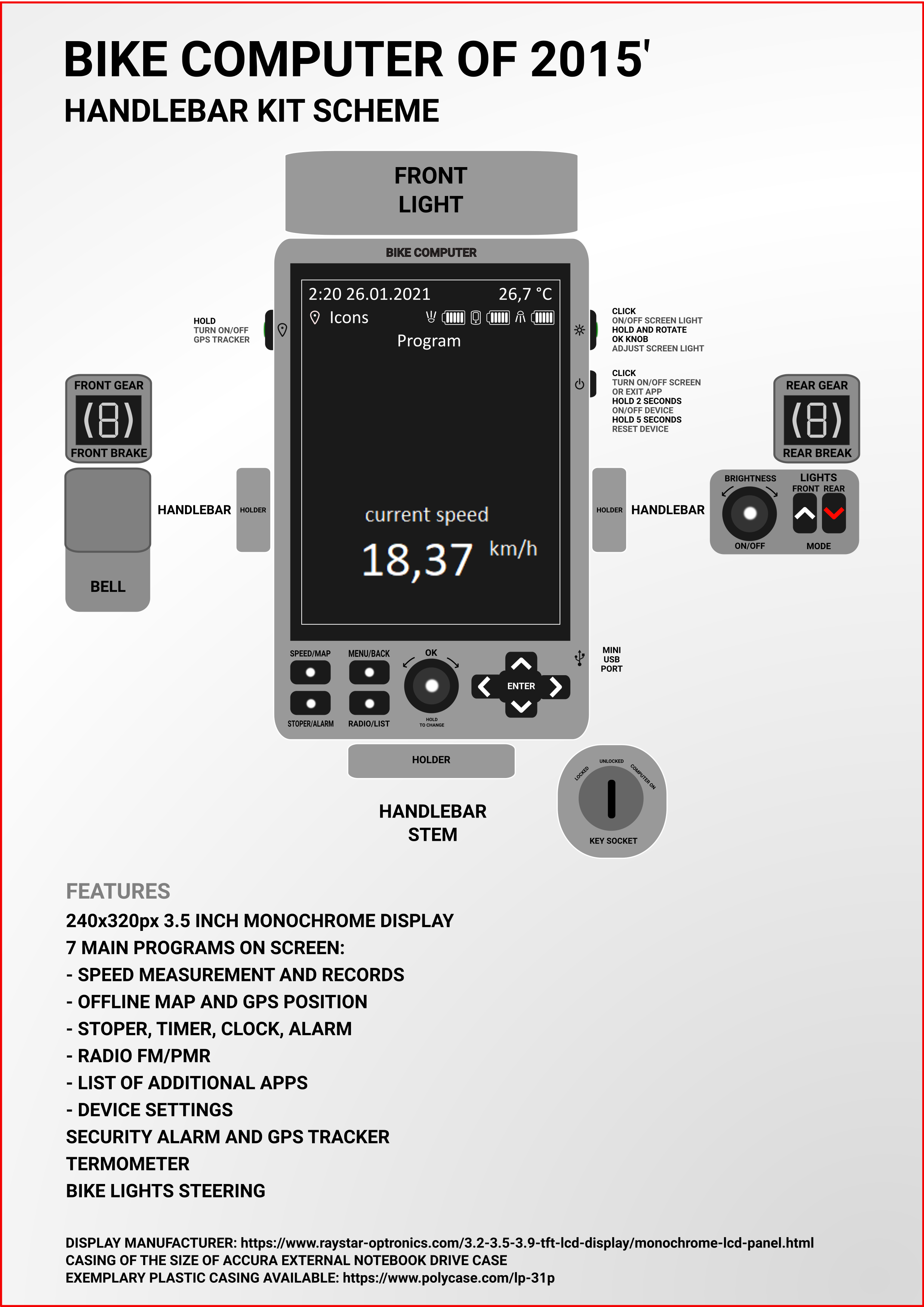 Bike computer mock-up with monochrome LCD screen, 2015's style (project)