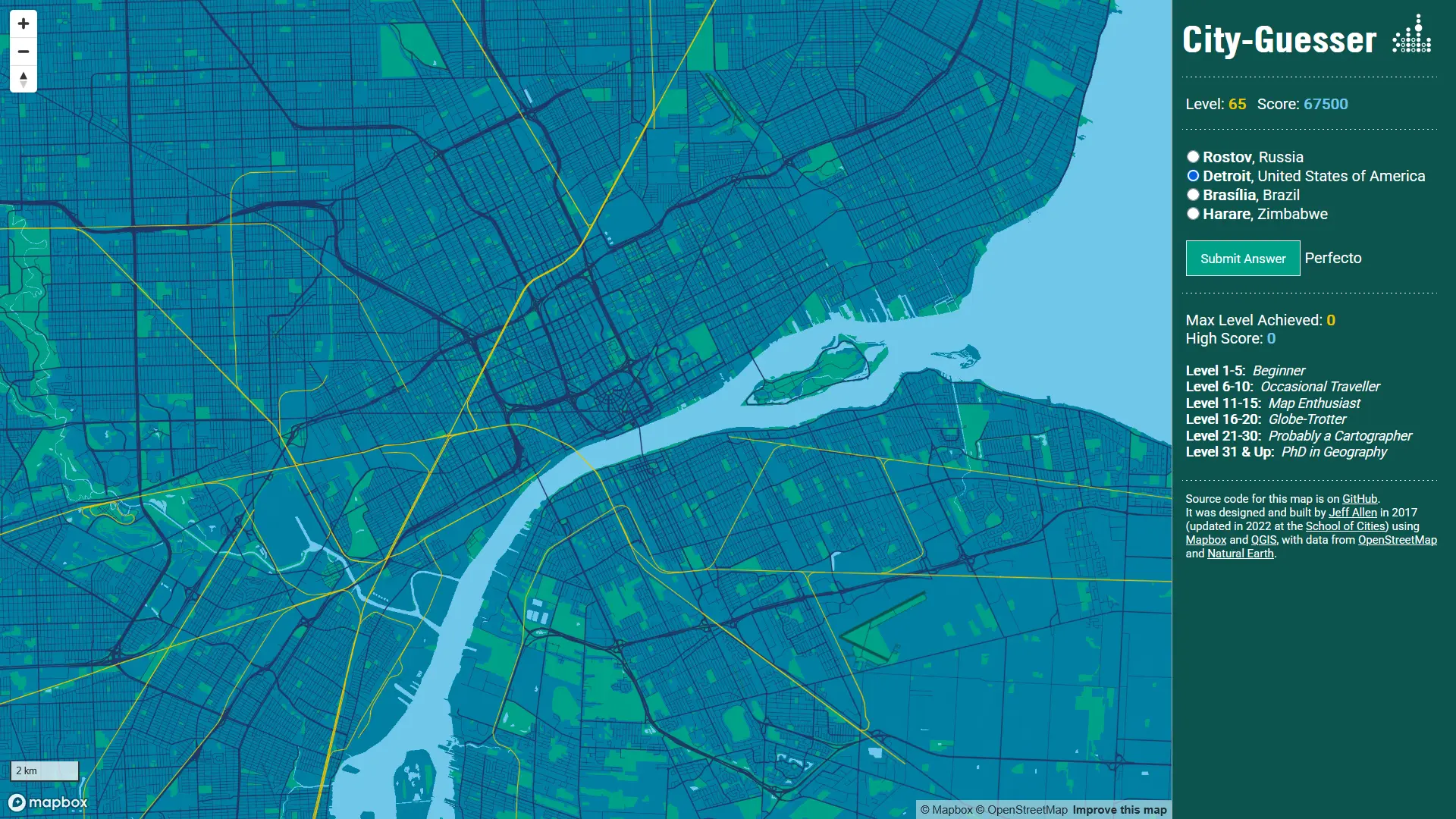 Screenshot of City Guesser Game - Detroit (and Windsor)