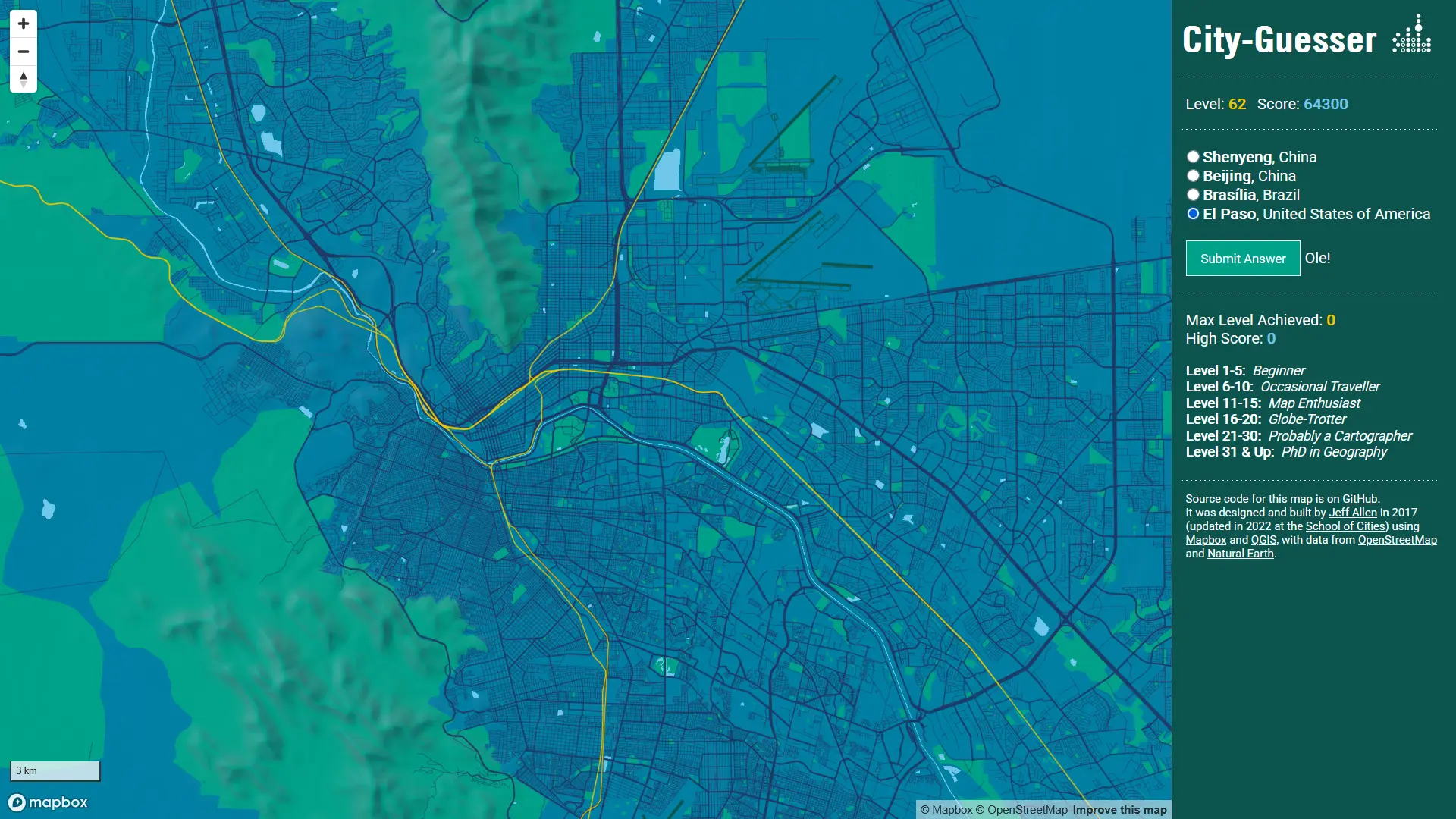 Screenshot of City Guesser Game - El Paso and Ciudad Juarez