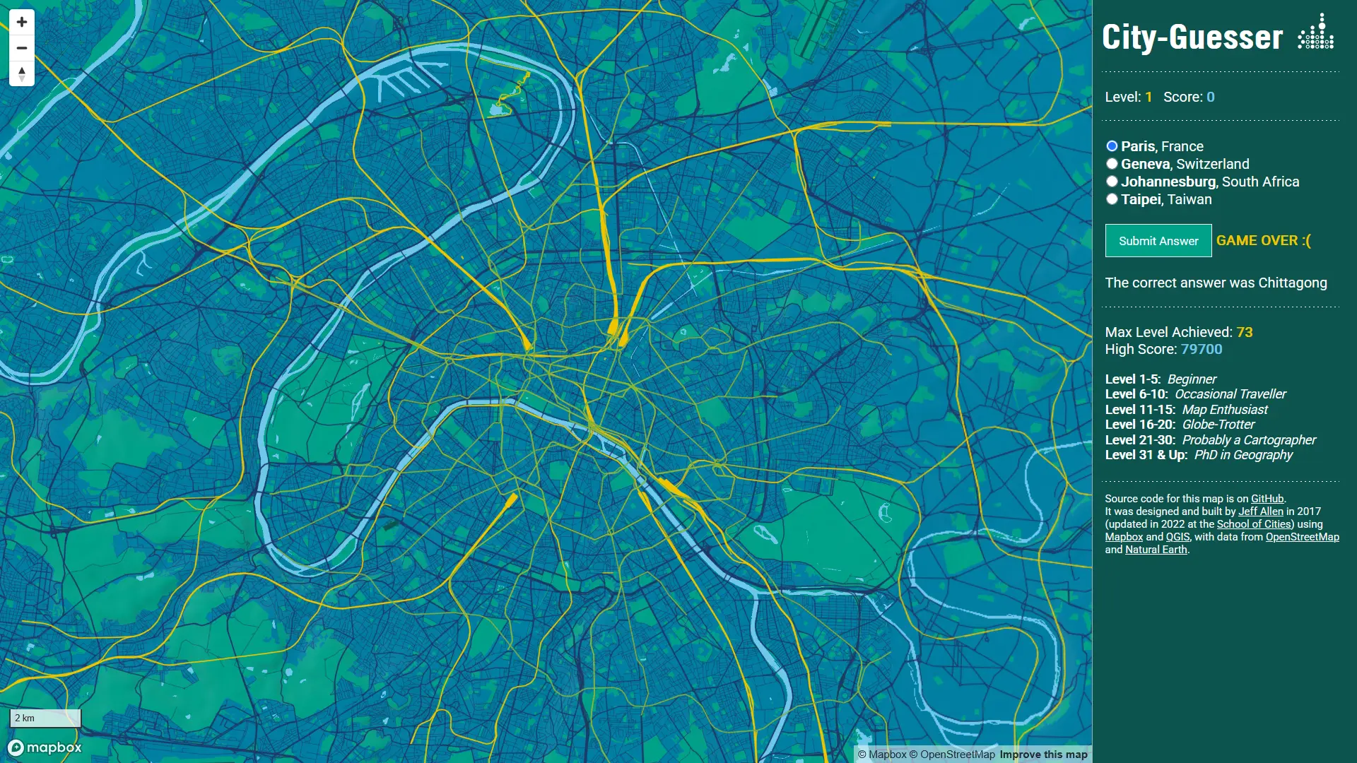 Screenshot of City Guesser Game - Game Over alert