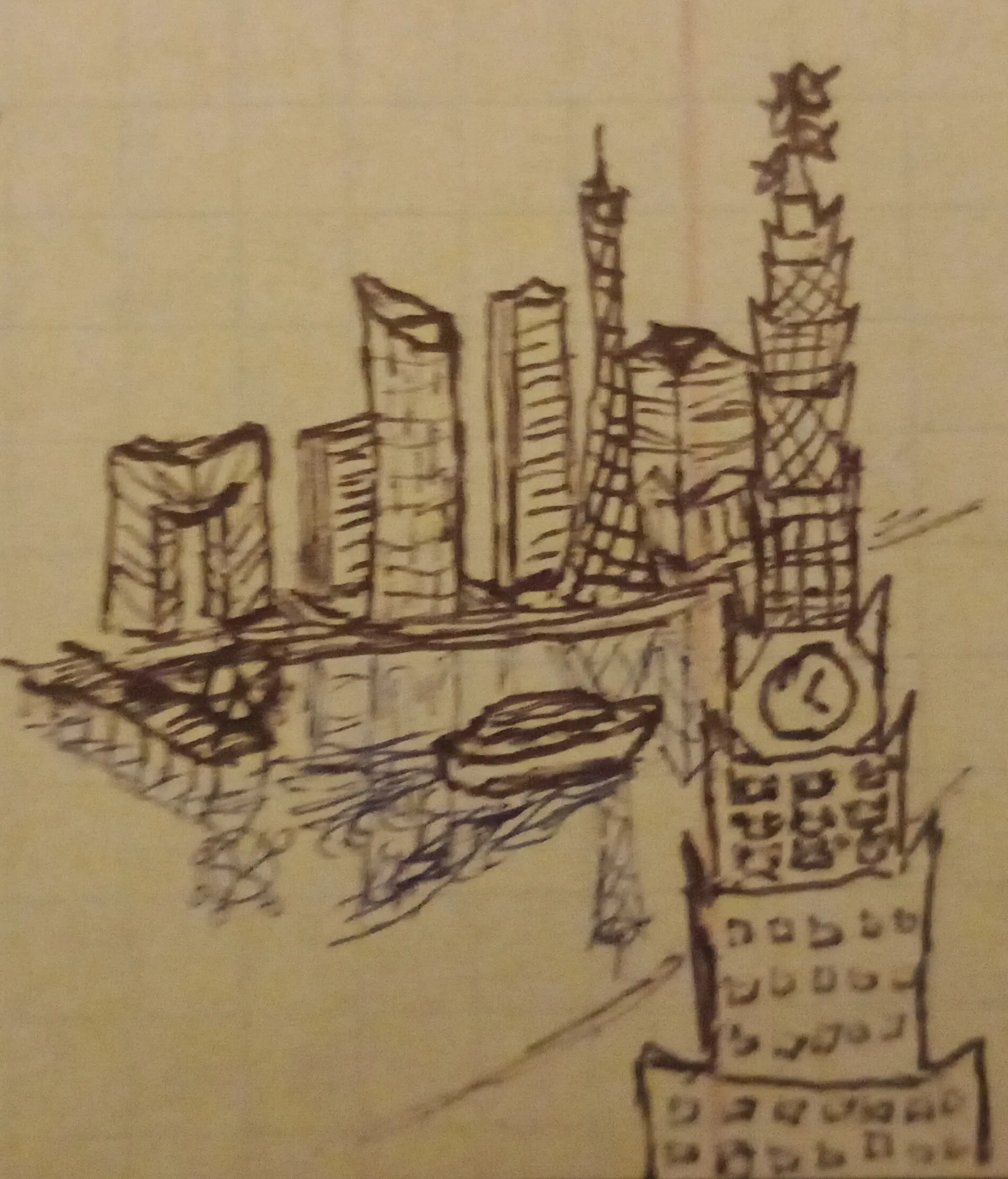 Minuscule skyline with clocktower on the forefront