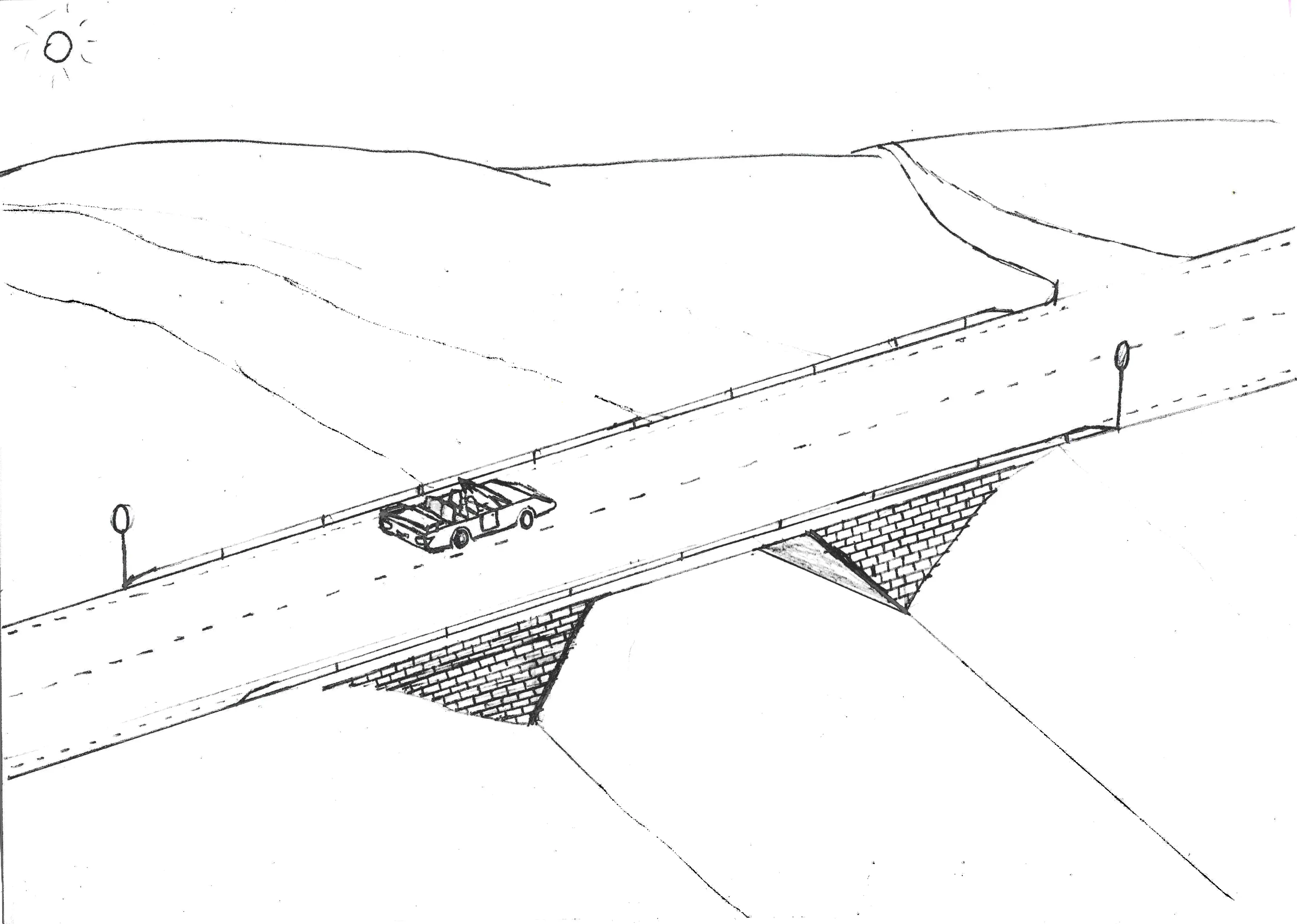 empty road smoothly crossed by fast car Drawing