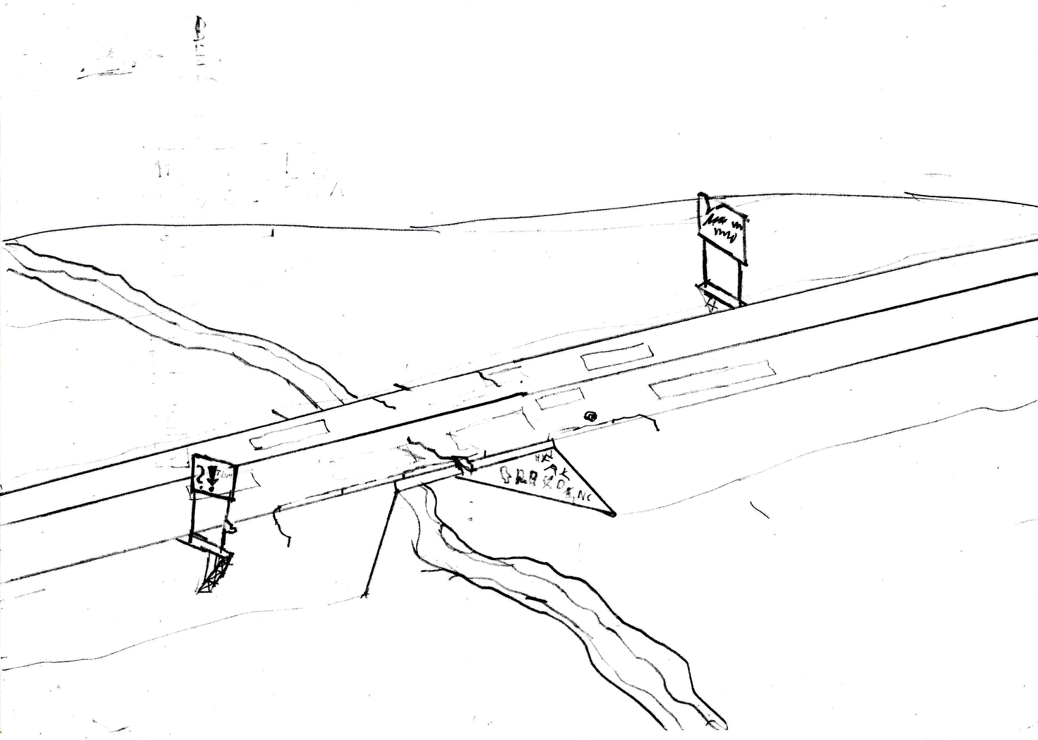 empty road with damaged surface and crack on the bridge Drawing