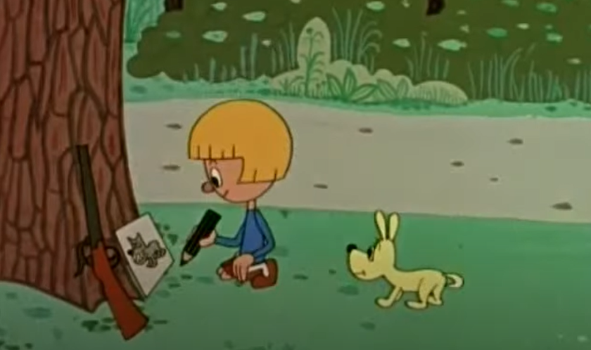 screenshot of the polish animated show 'Enchanted Pencil' showing the boy with a pencil, a dog and a drawing of the wolf