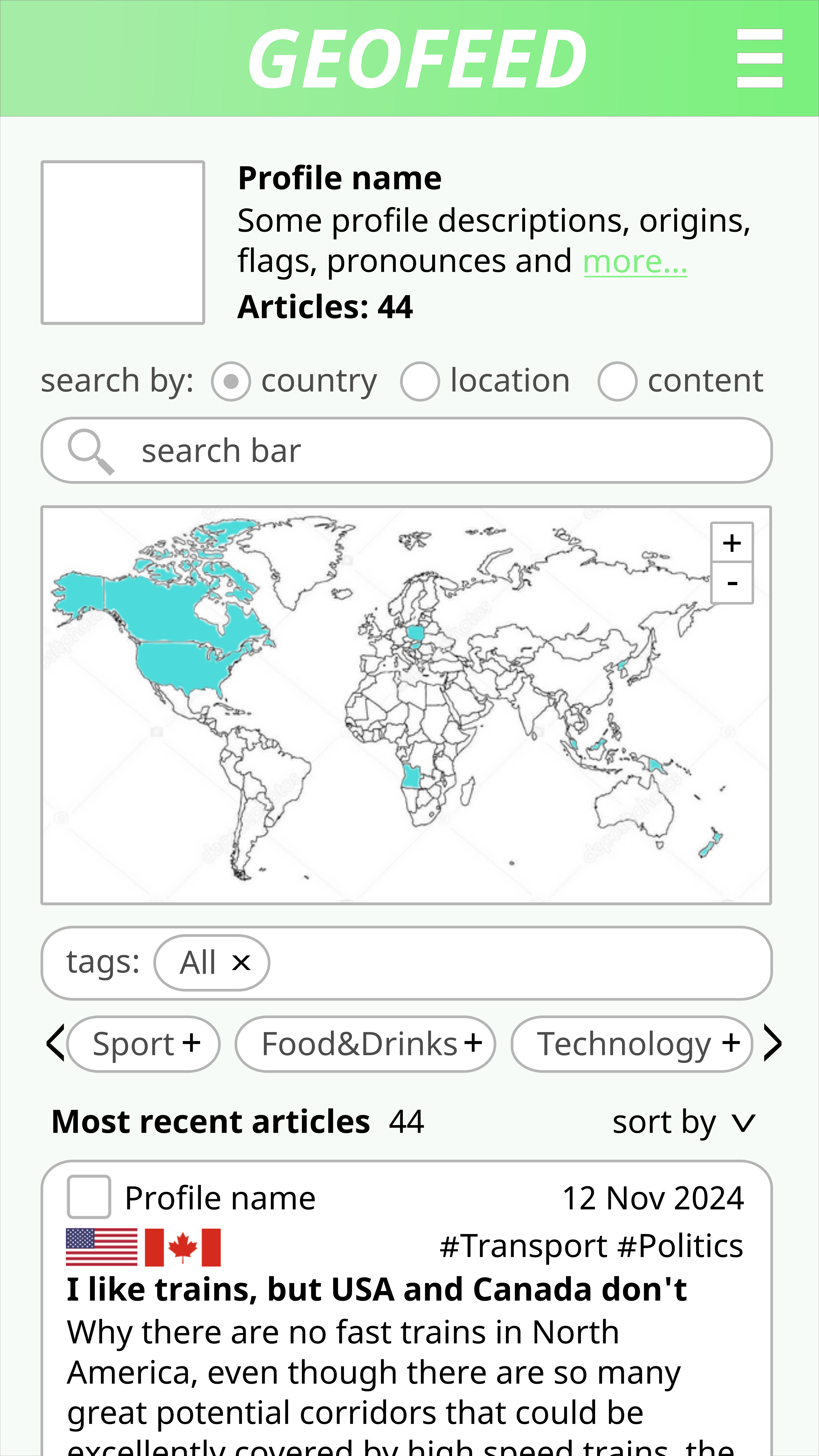 Screenshot of the mock-up of an mobile app with the world map (project)