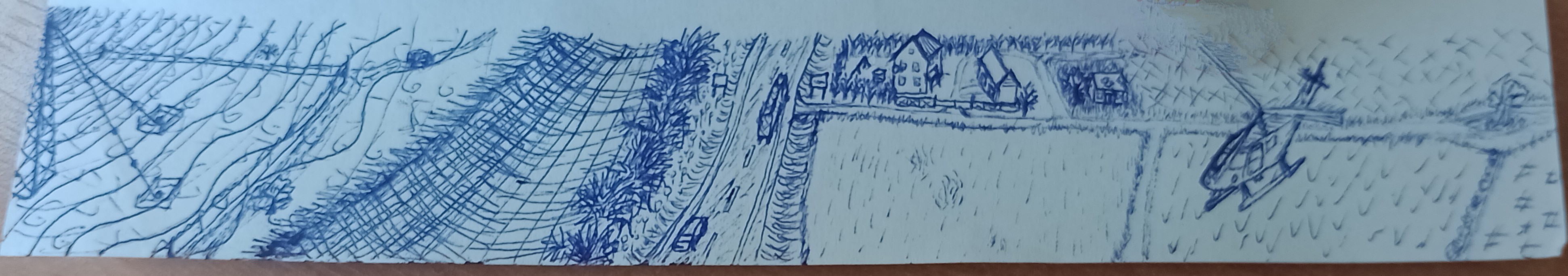 Panoramic view of 5G tower, highway and small hamlet, pen drawing