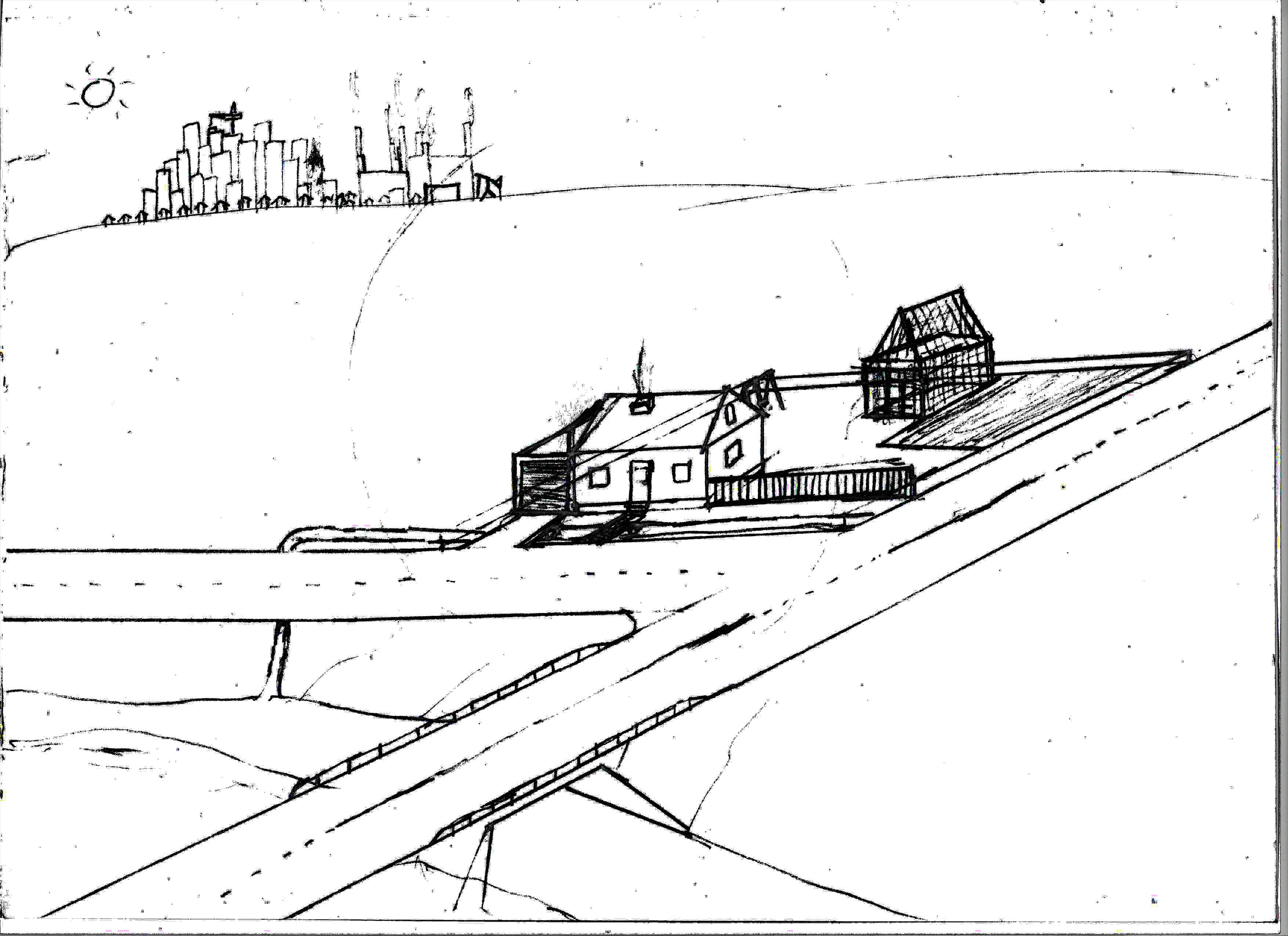 drawing of a rural house next to a river and crossroad, large city is visible in the distance