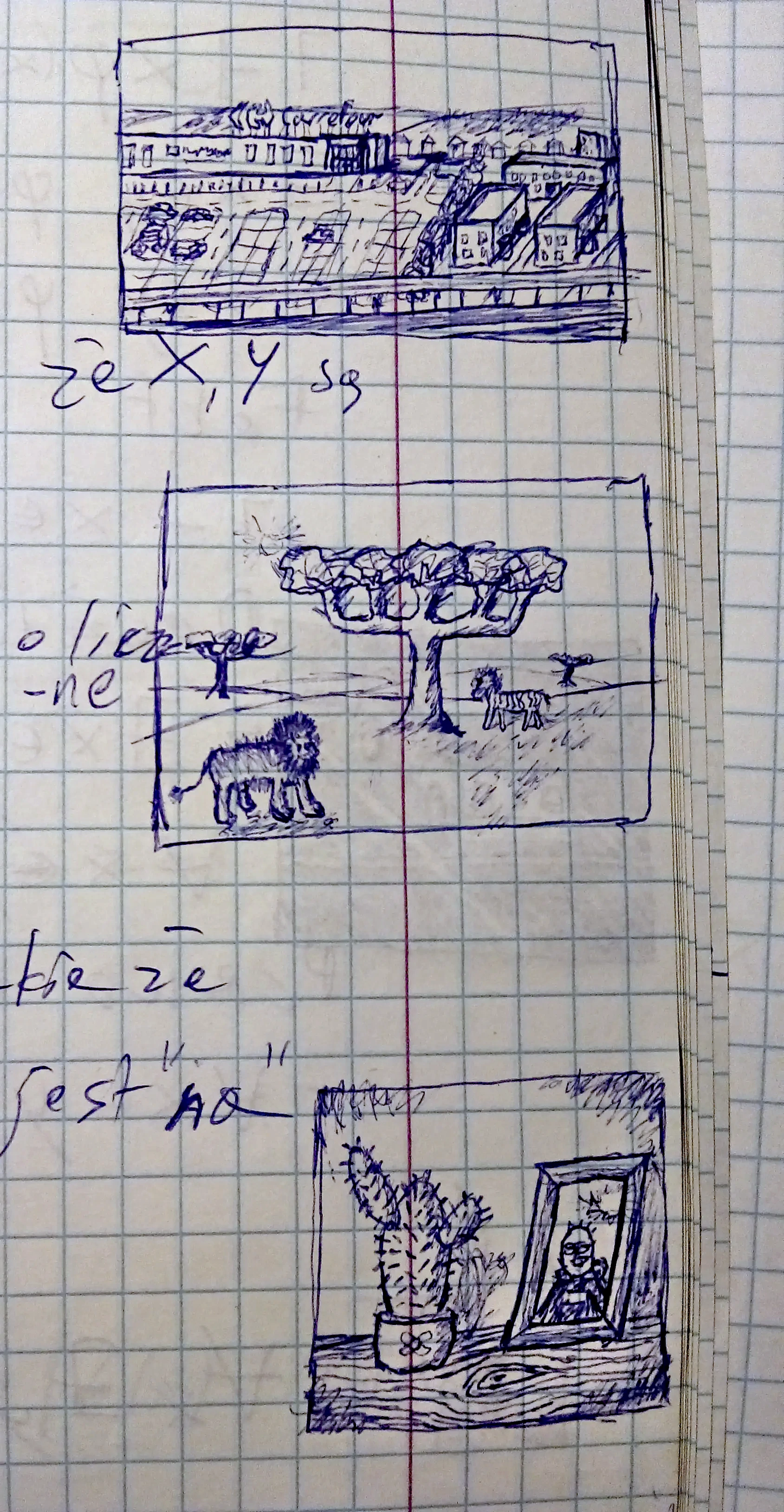 three tiny drawings on a margin of a notebook, from to to bottom: Carrefour parking lot, savannah with baobab tree, cactus and framed photo