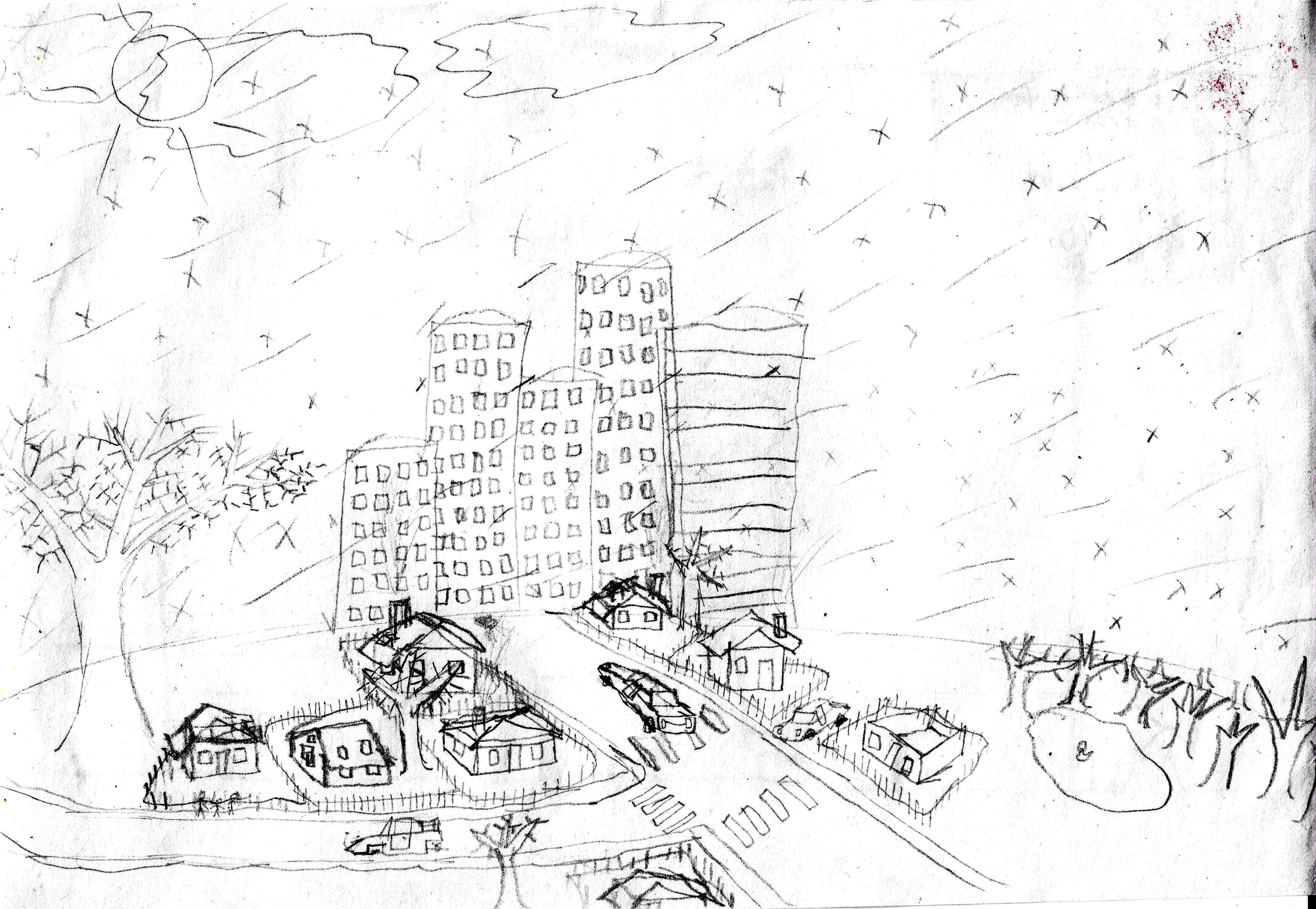 drawing of a bunch of houses next to a big city during the snow blizzard