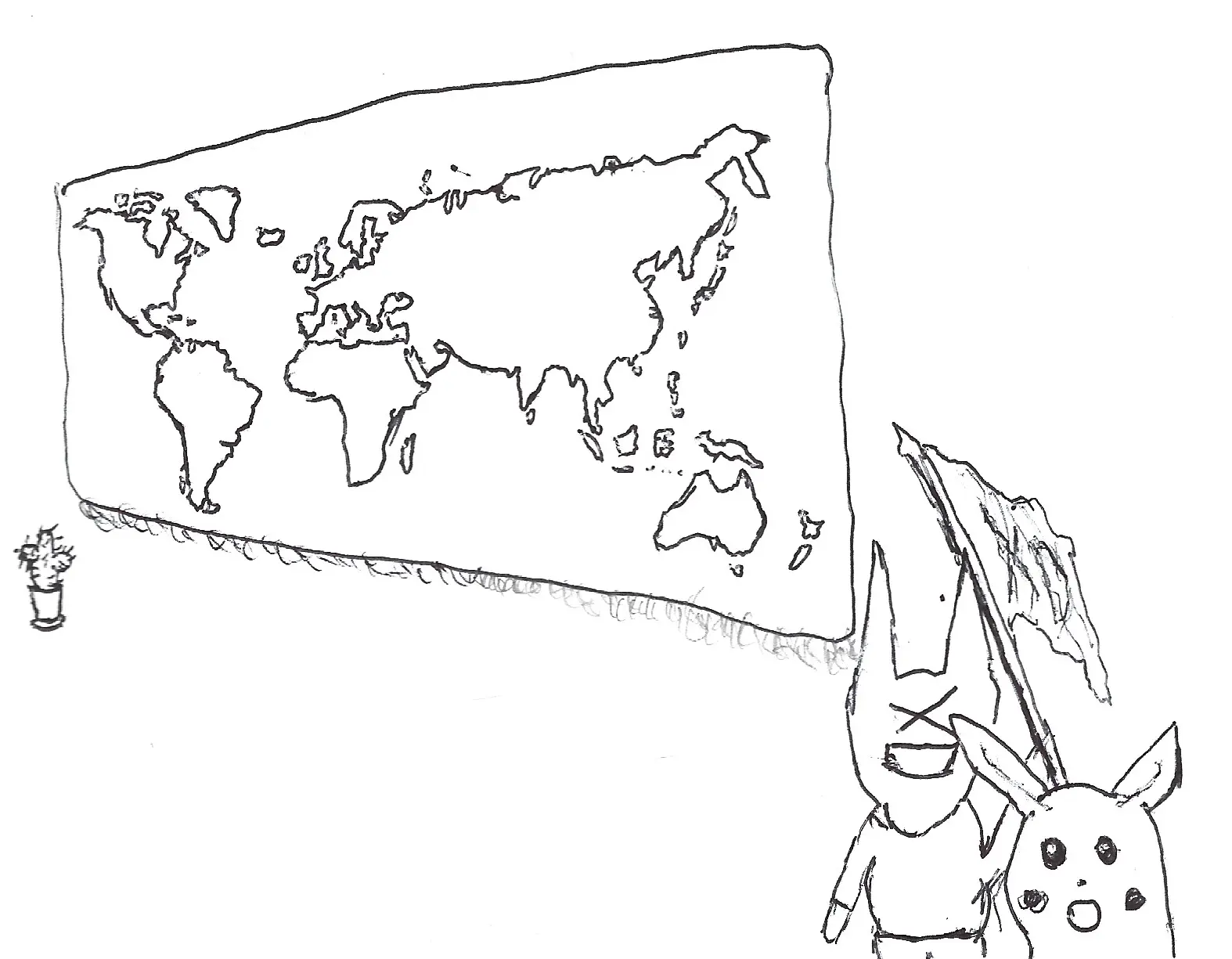 Surprised pikachu with second character waiving XD flag next to world map poster