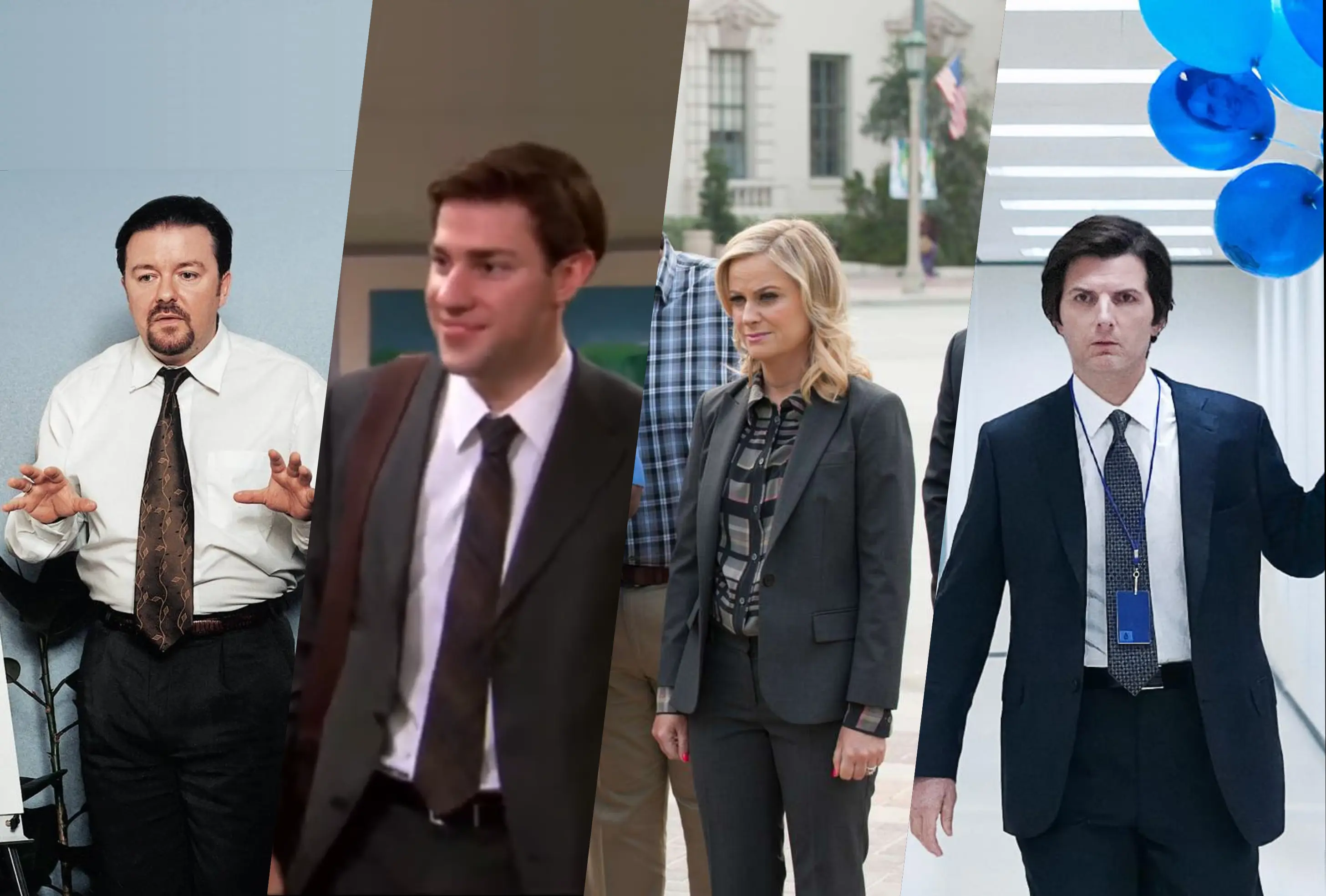 Collage of 4 series: The Office UK, The Office US. Parks and Recreation, Severance