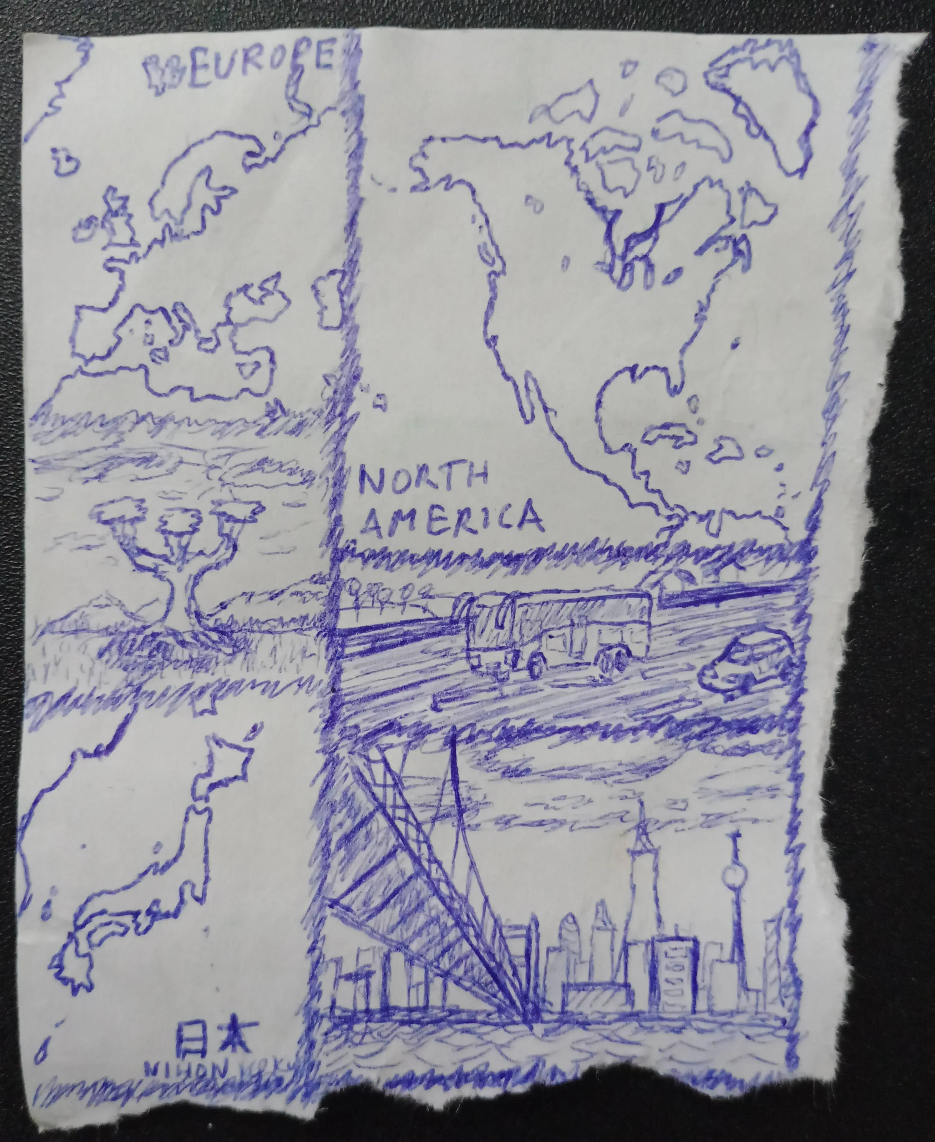 tiny hand drawn maps of North America, Europe and Japan and three drawings of a skyline, baobab tree and the highway with the bus