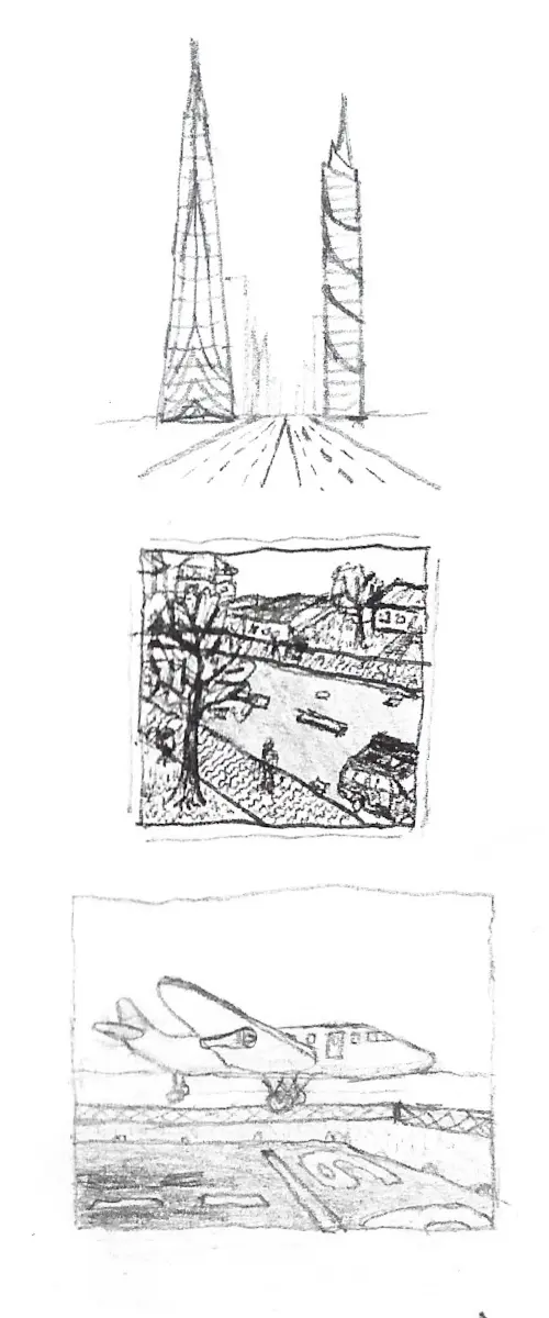 Three random drawings including two skyscrapers, suburban street and a jet