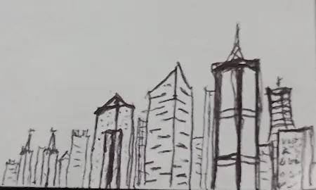 Minuscule skyline of some imaginary downtown with mosque in the distance