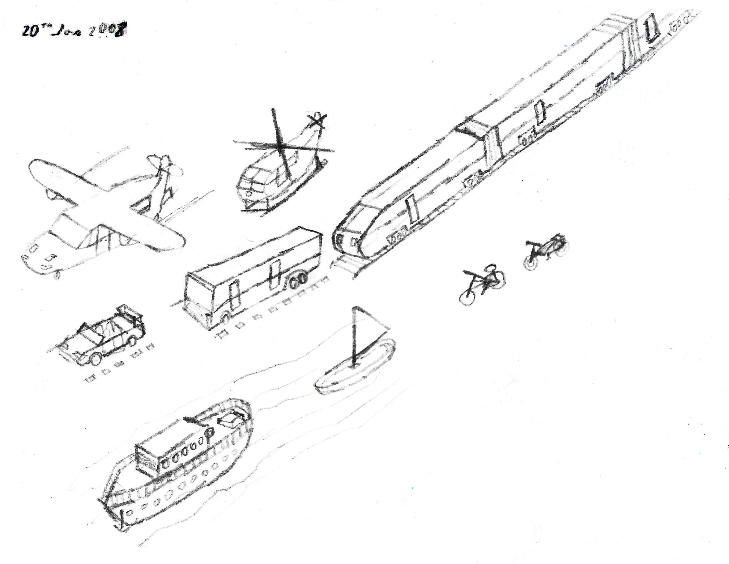 drawings of tiny cars, buses, planes, bikes and boats