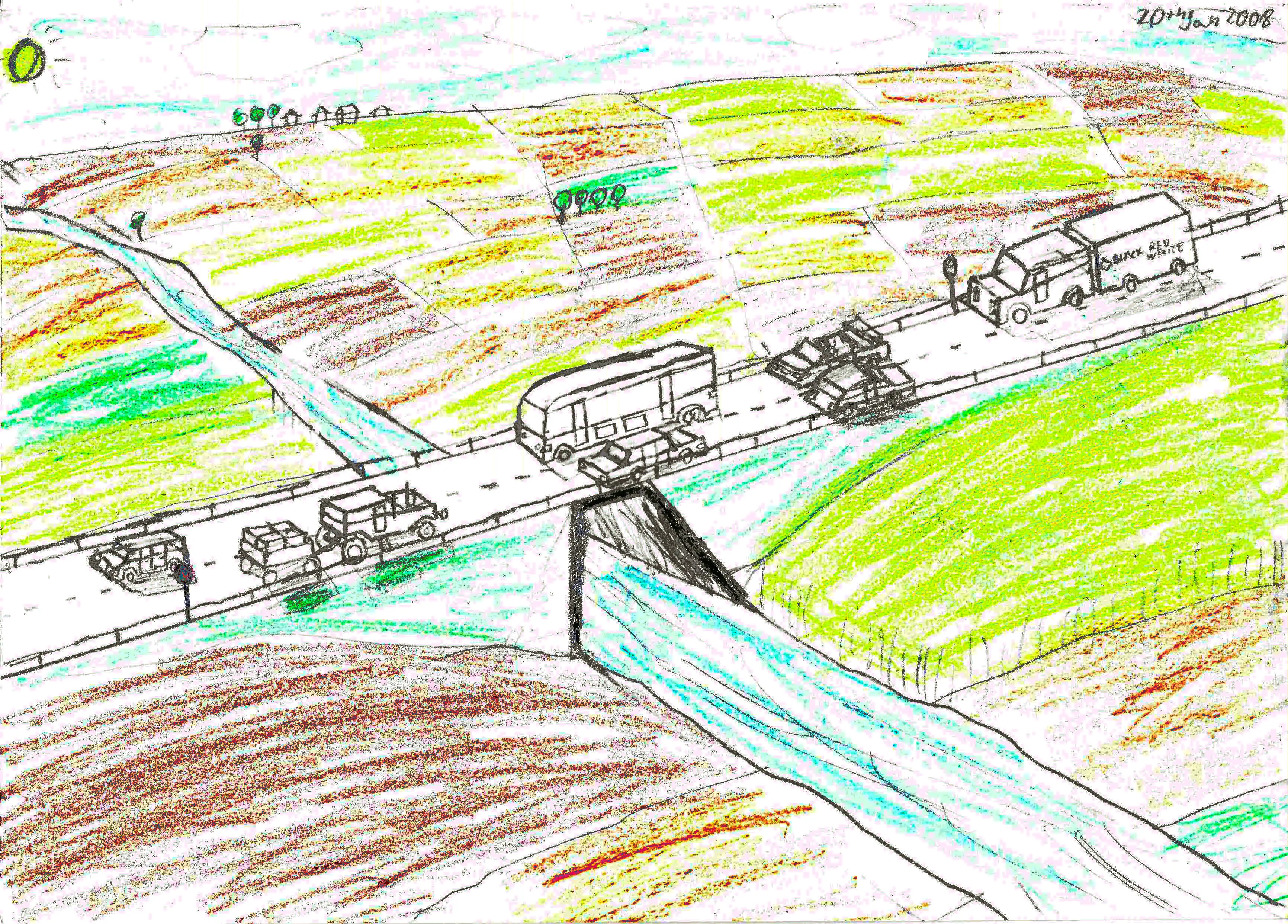 Busy road and bridge above small creek in colorful rural area Drawing