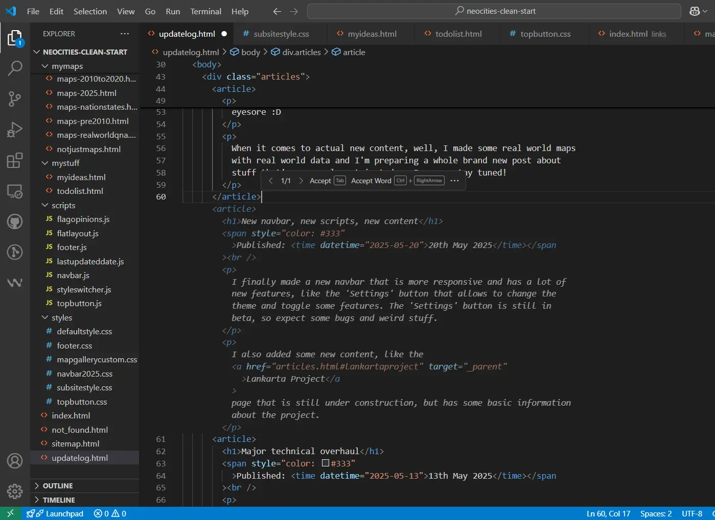 Screenshot of VSCode of a hint with a new update