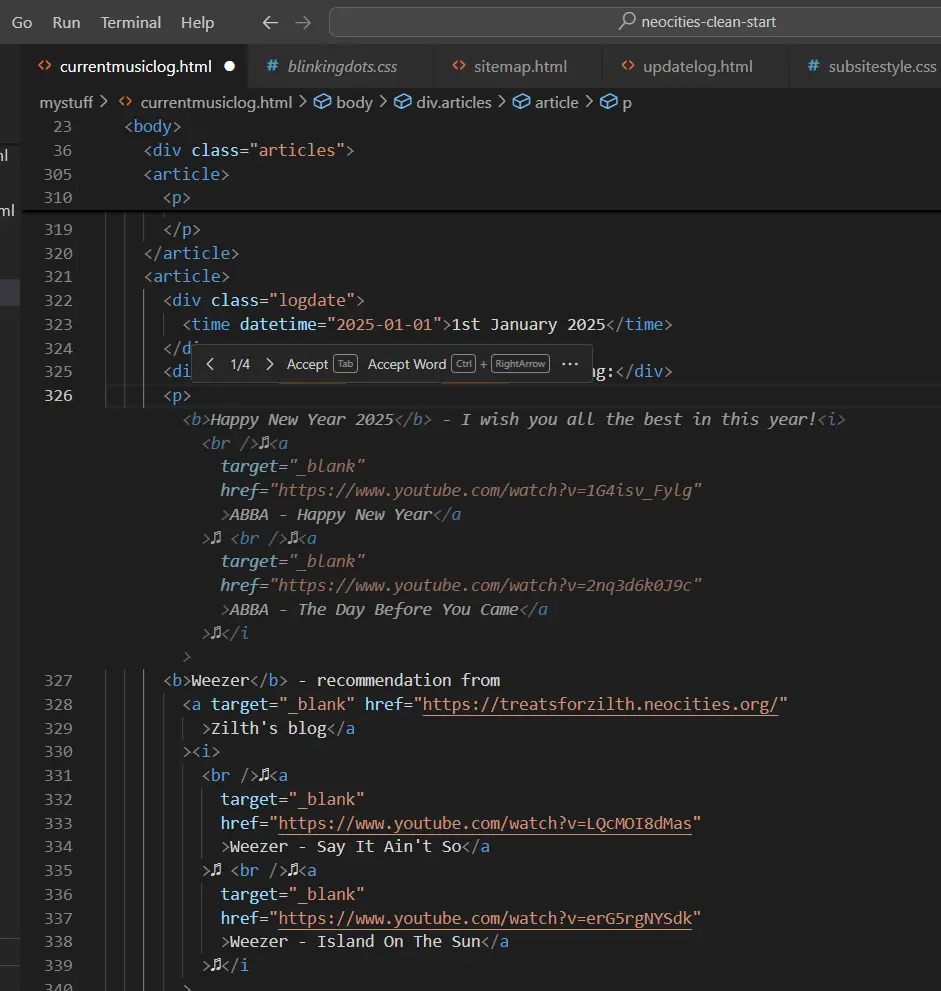 Screenshot of VSCode of a hint with songs to play in New Year dat
