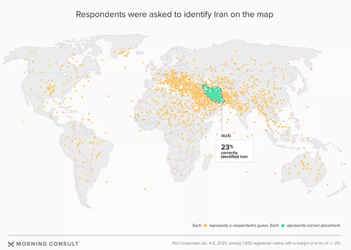 map of answers where is Iran according to Americans