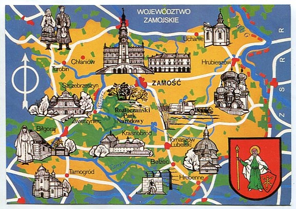 Old map of former Zamość Voivodeship with pictures of landmarks