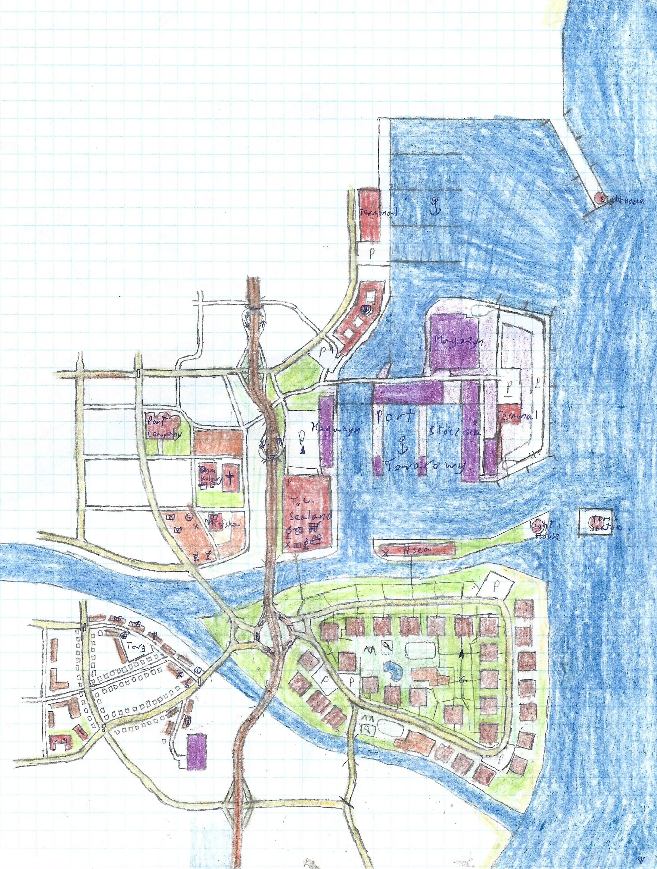 Coastal city with residential district on island Map (fictional)