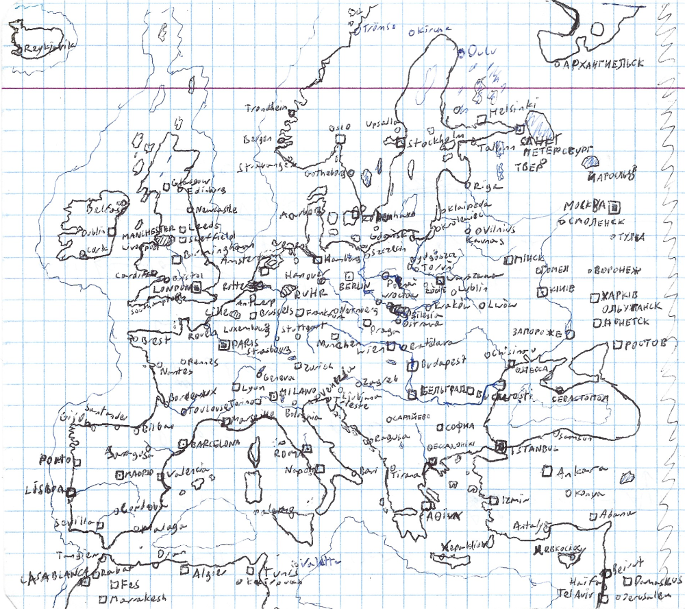 Hand-drawn map of Europe with cities, made from memory (real world)