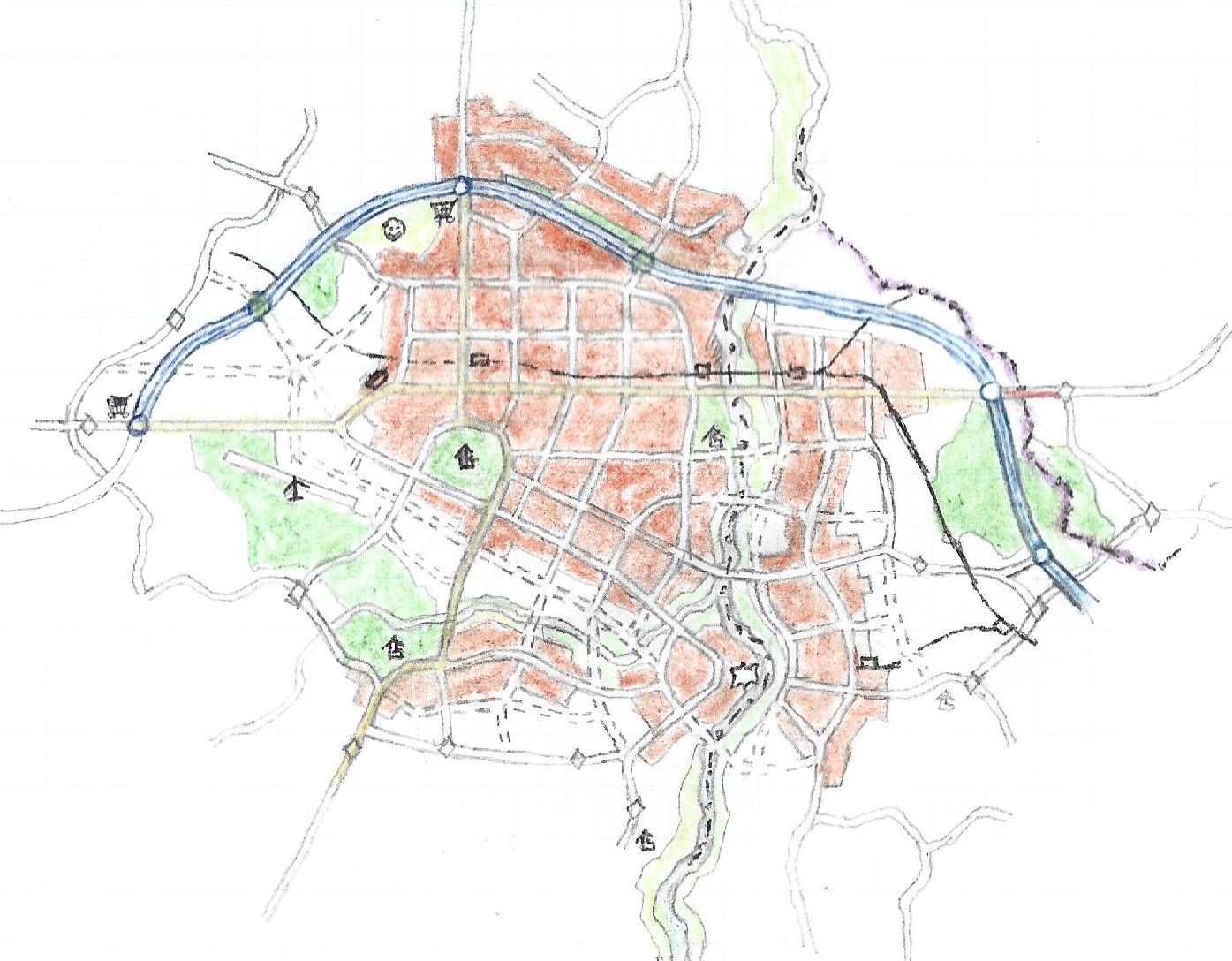 Map of the unnamed urban area divided by three borders(fictional)