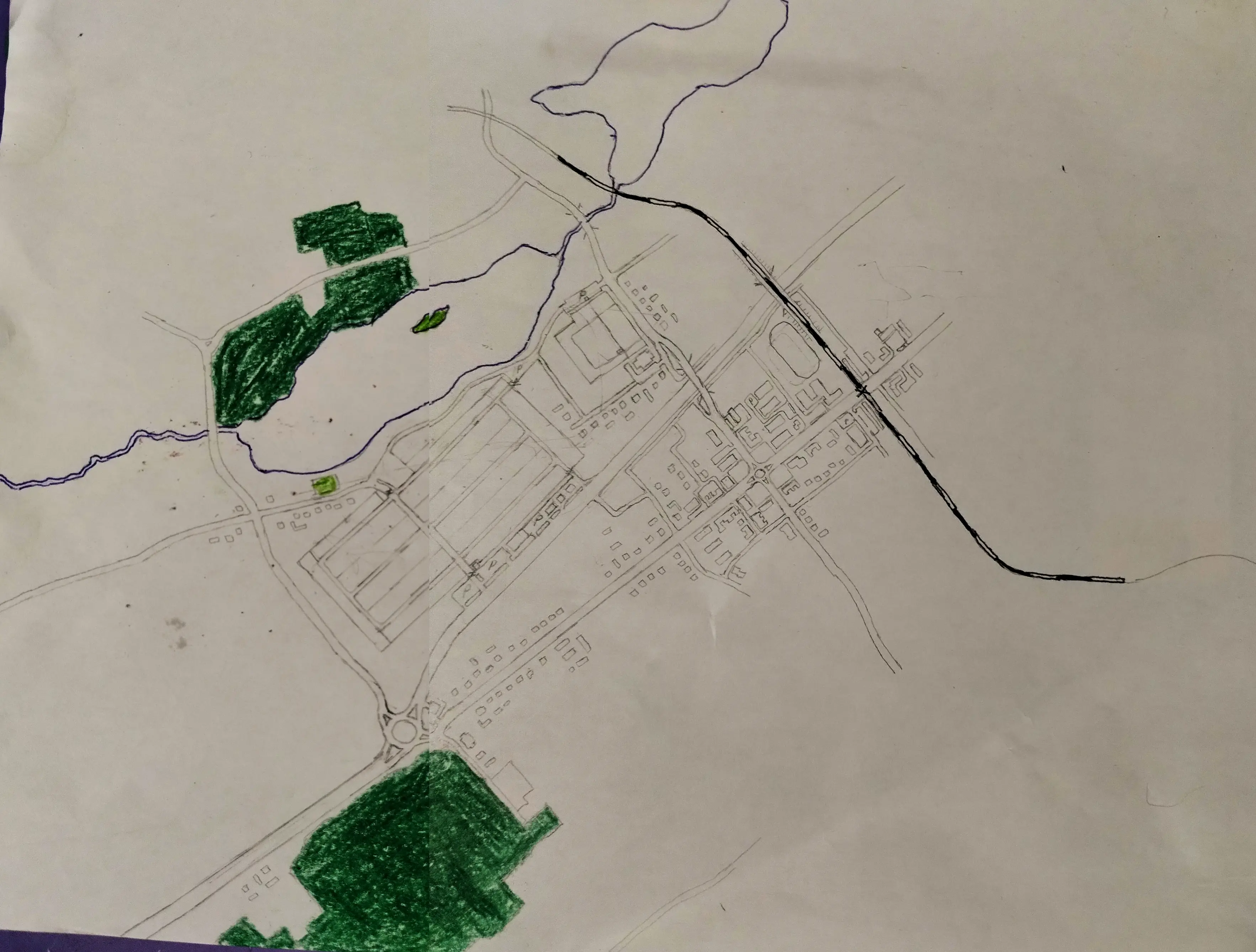 Village plan with two lakes and forests unfinished map (fictional)