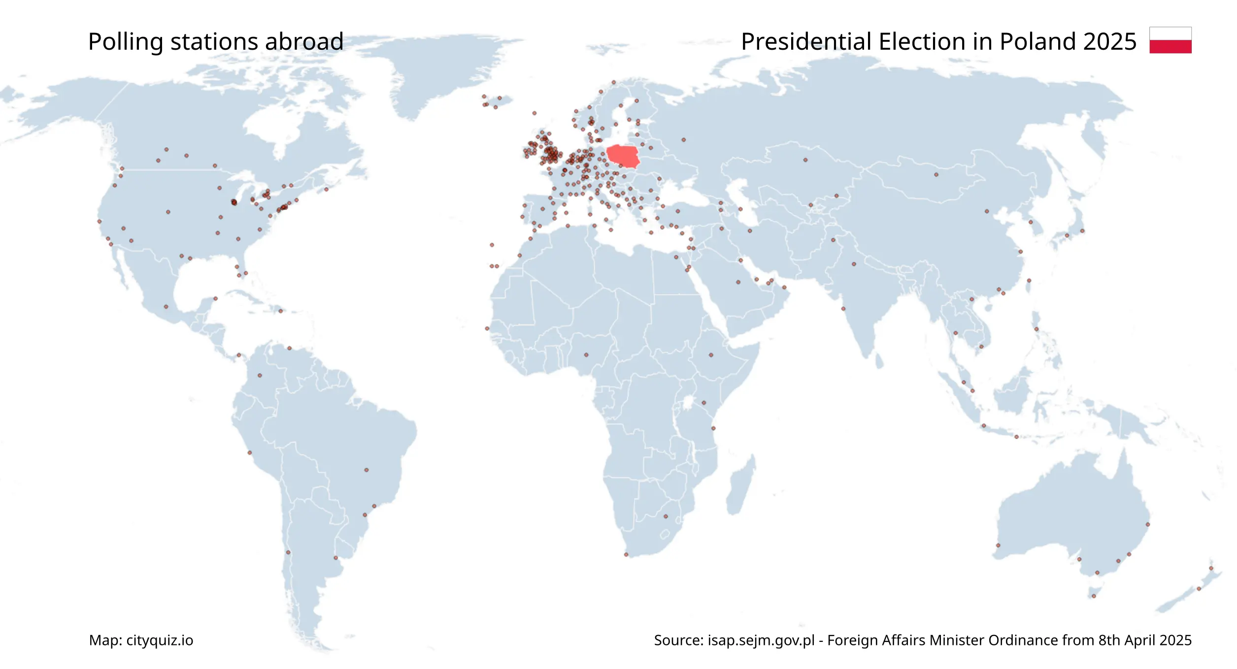 map of the world with polling stations of Poland