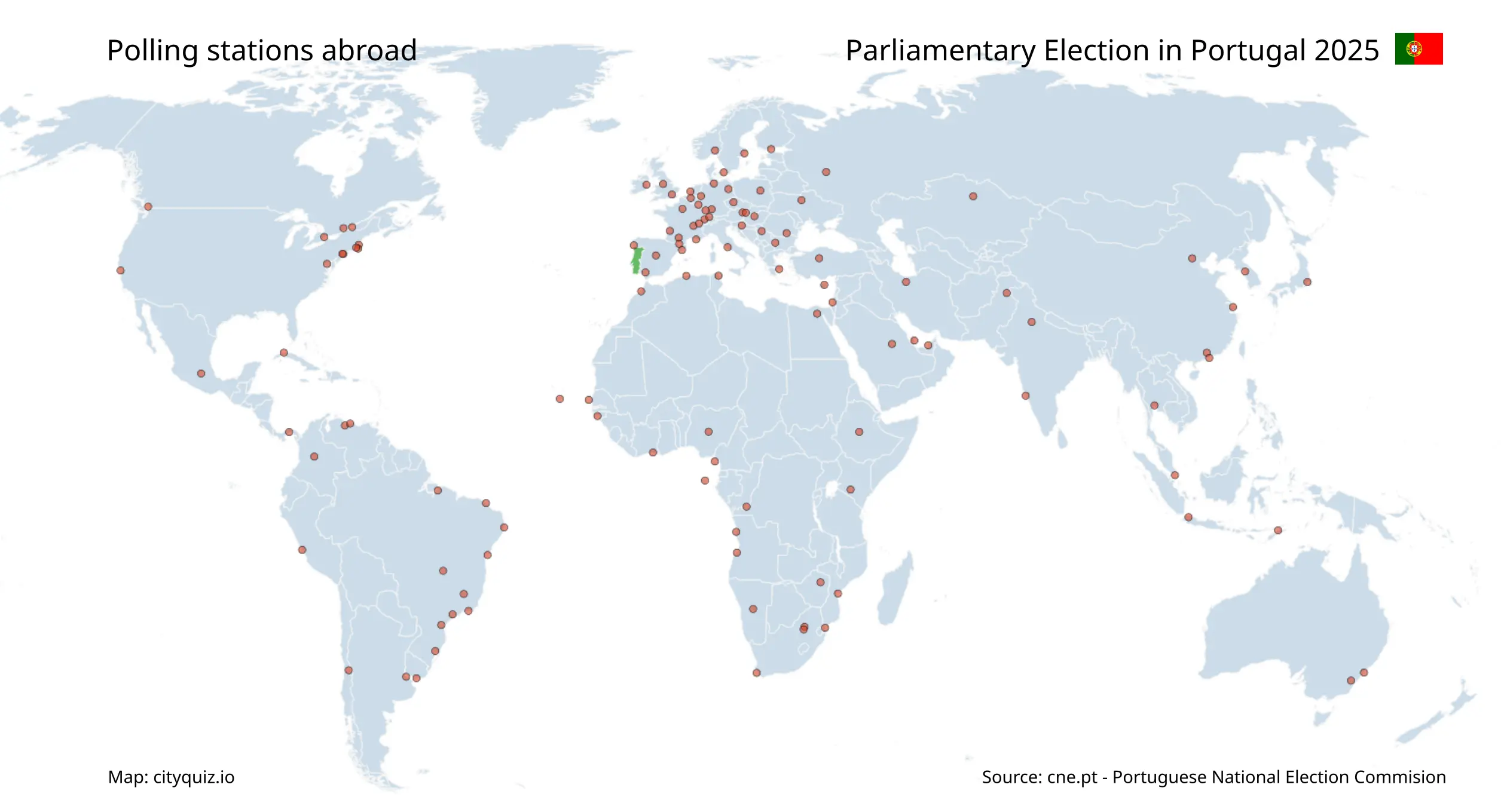 map of the world with polling stations of Poland