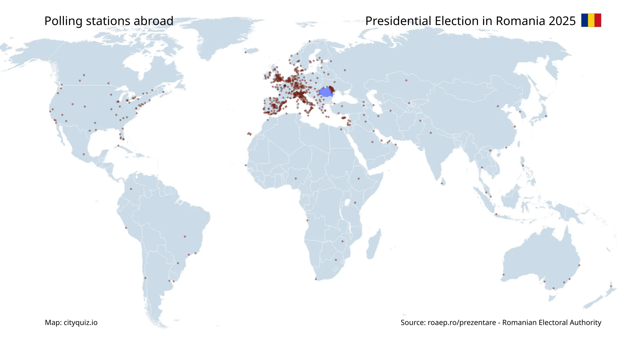 map of the world with polling stations of Romania