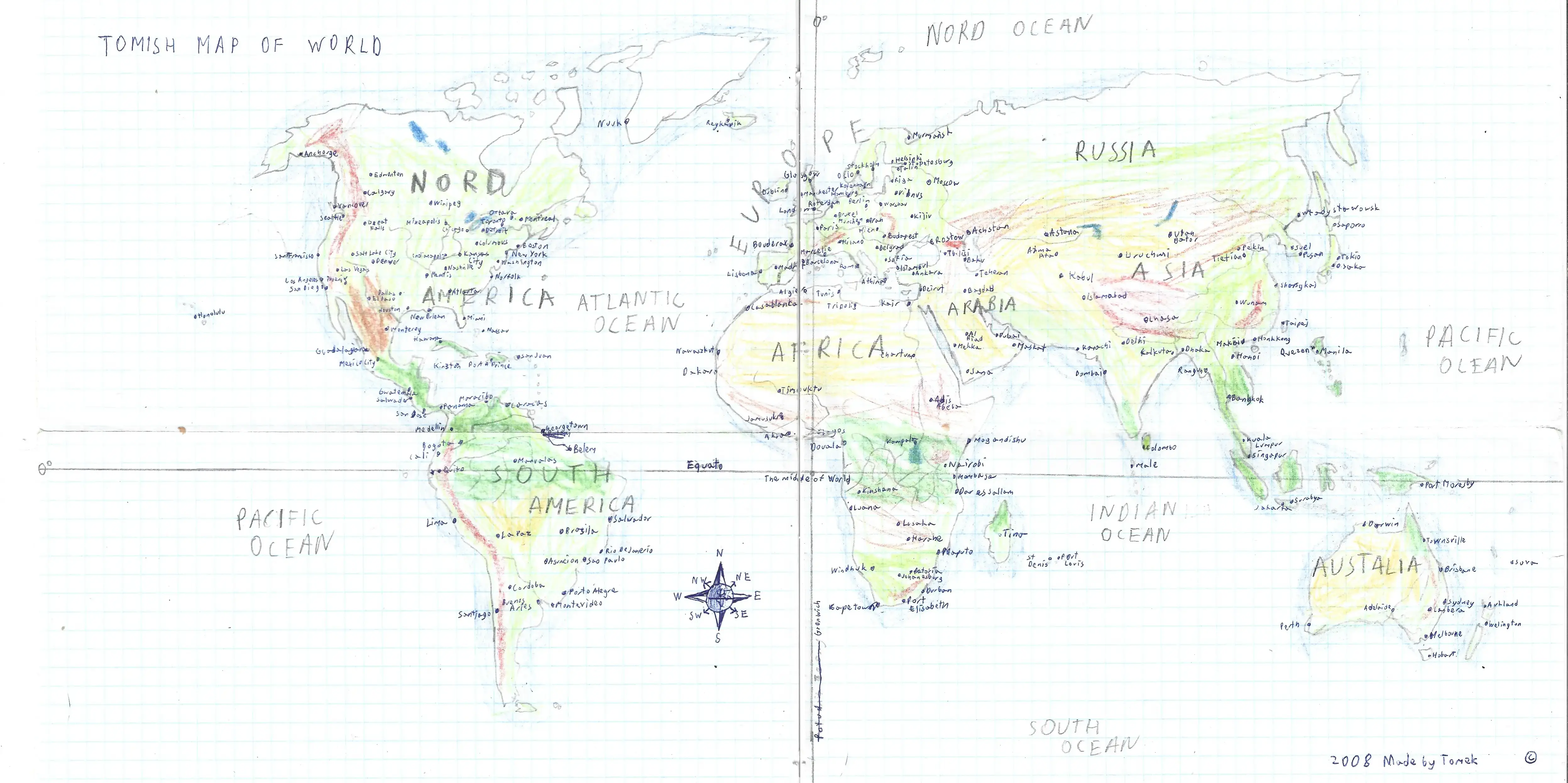 Hand-drawn map of world with cities, made from memory (real world)