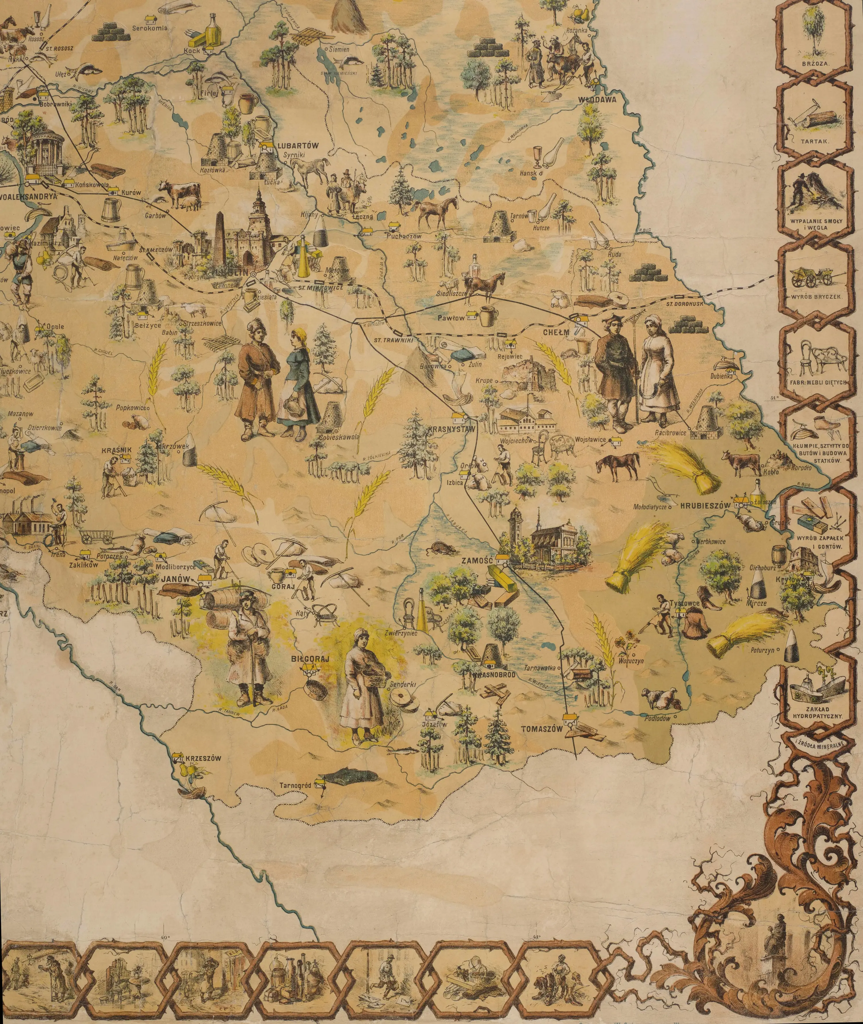 illustrated map of Kingdom of Poland from 1883, part with Zamojszczyzna region
