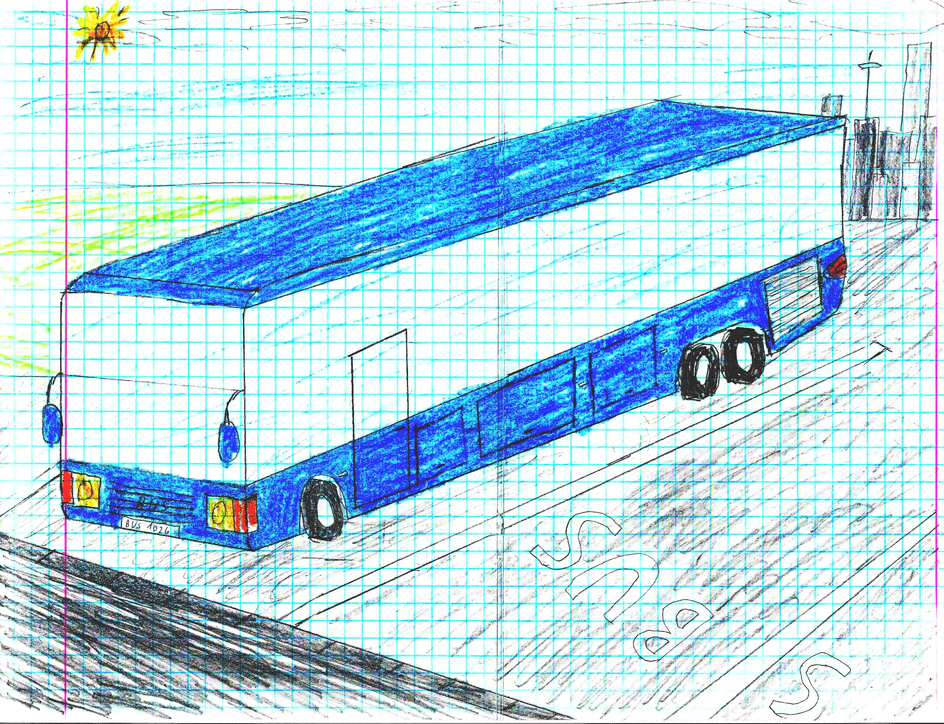 blue bus with the city on the background, colors adjusted