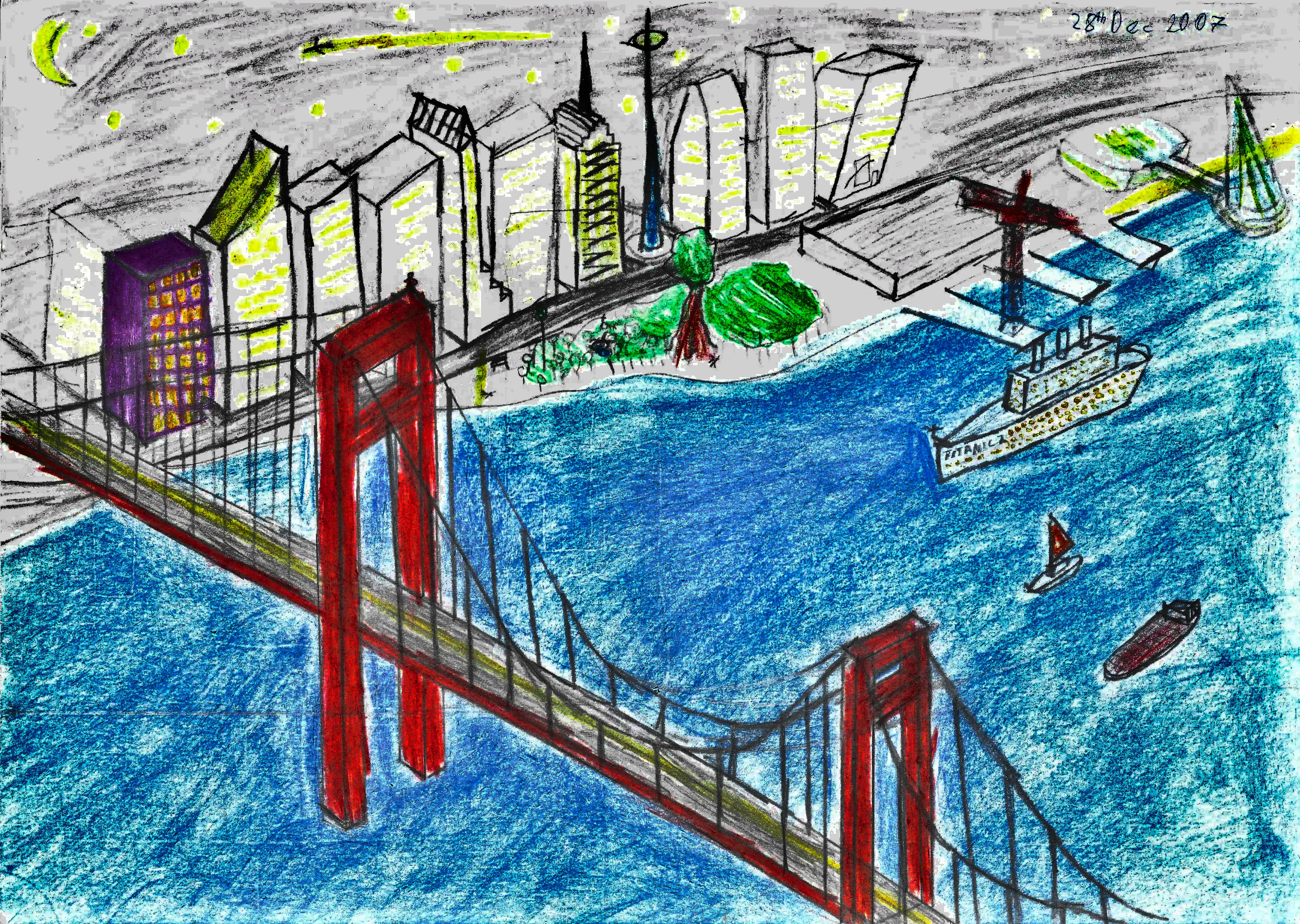 drawing of a red bridge with a city waterfront in the background at night, colors adjusted