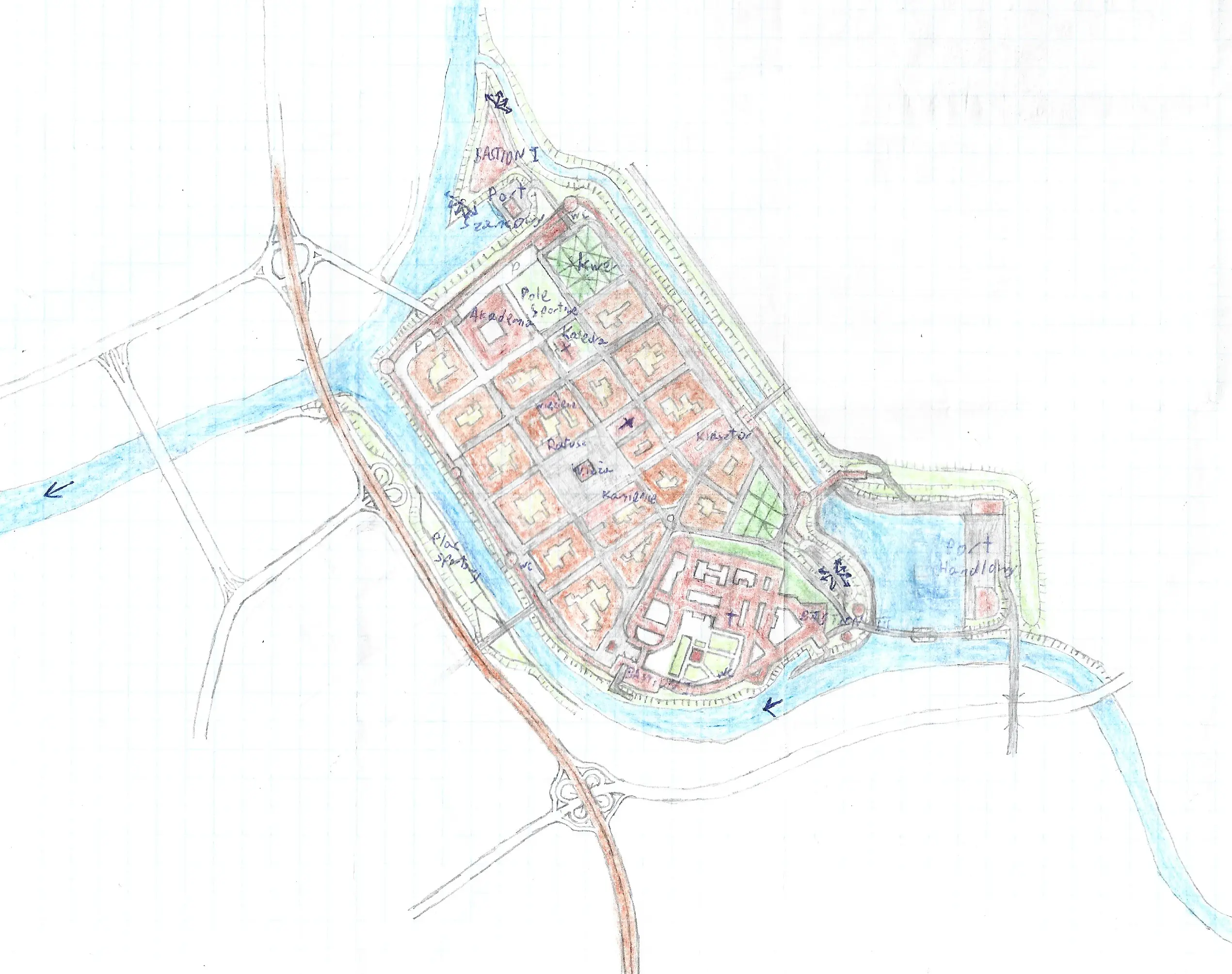 Old district with river port Map (fictional)