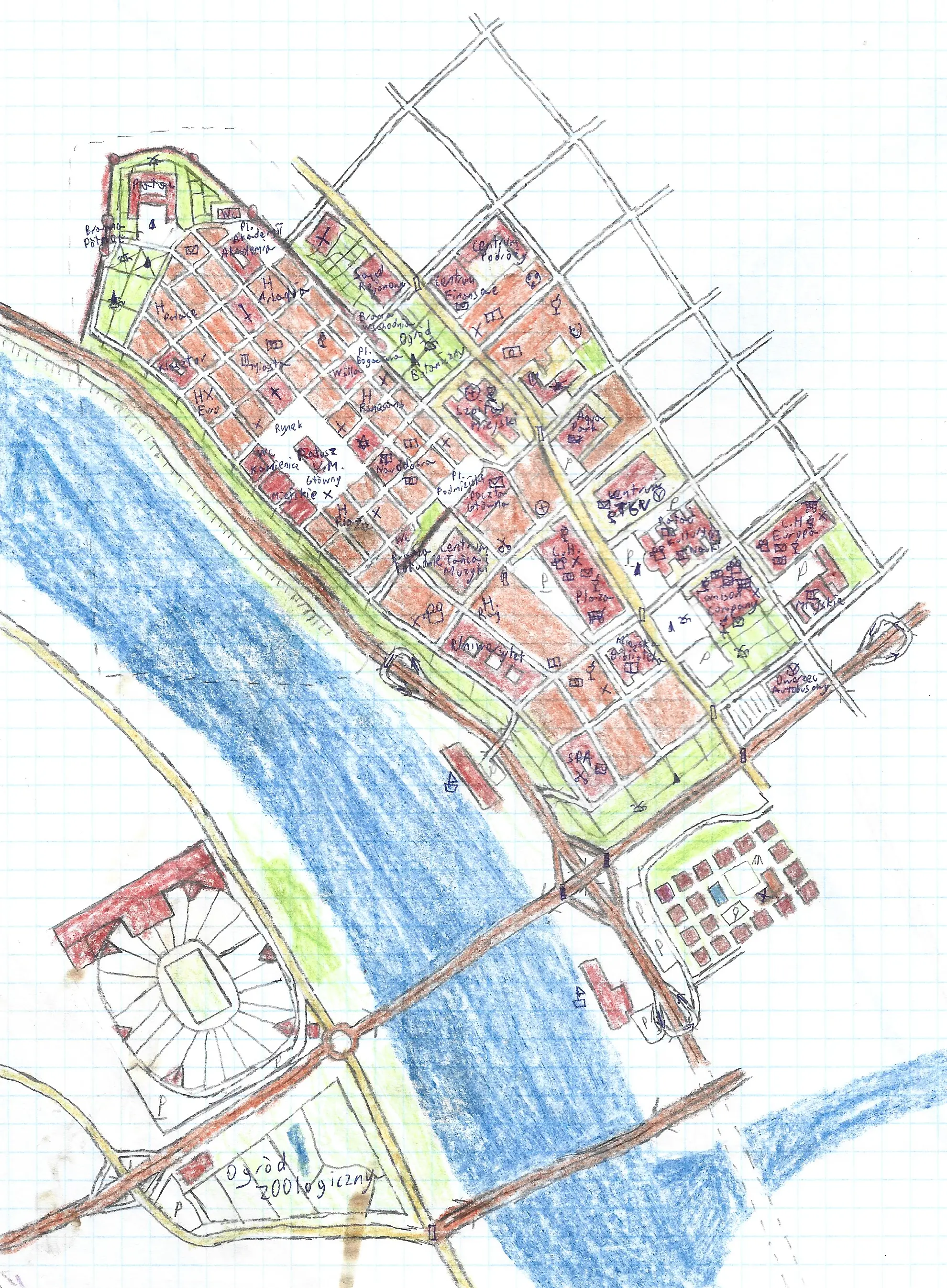 Old district with stadium across the river Map (fictional)