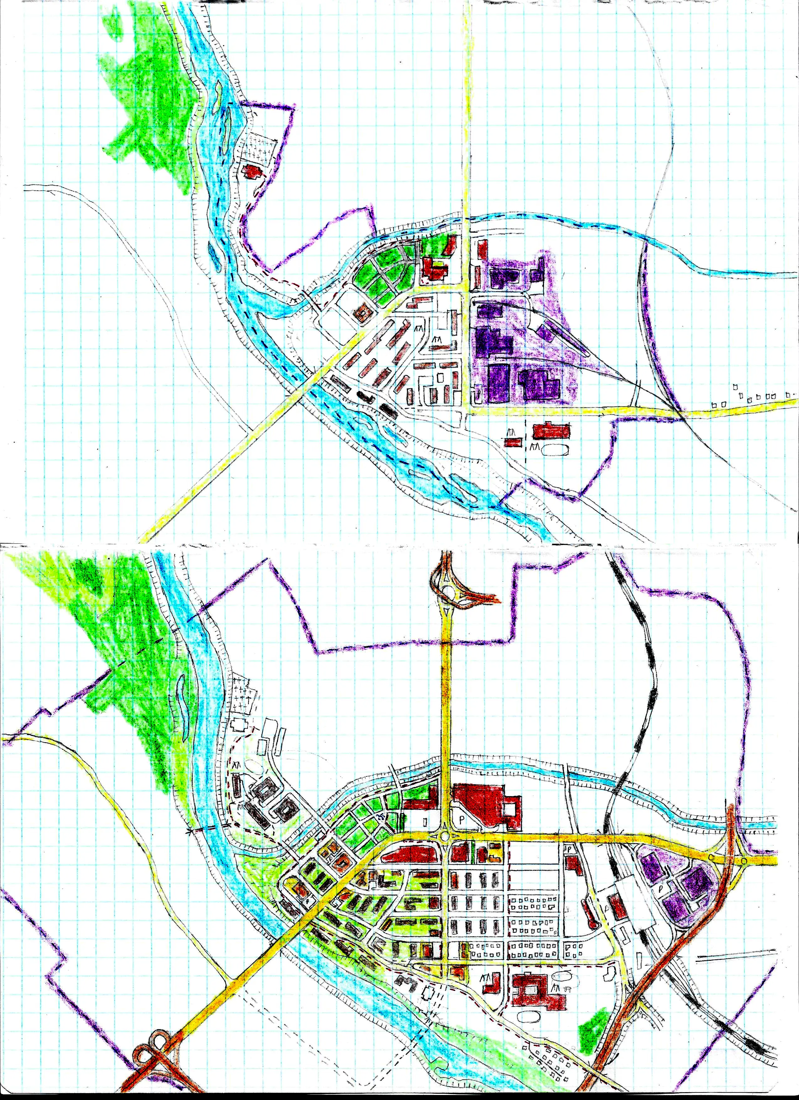 Two maps of the past and present layout of a small town (fictional)