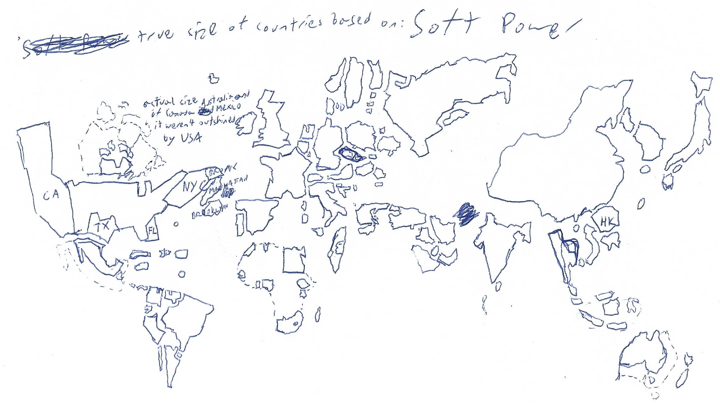 Soft Power of the countries in the world cartogram (distorted real world)