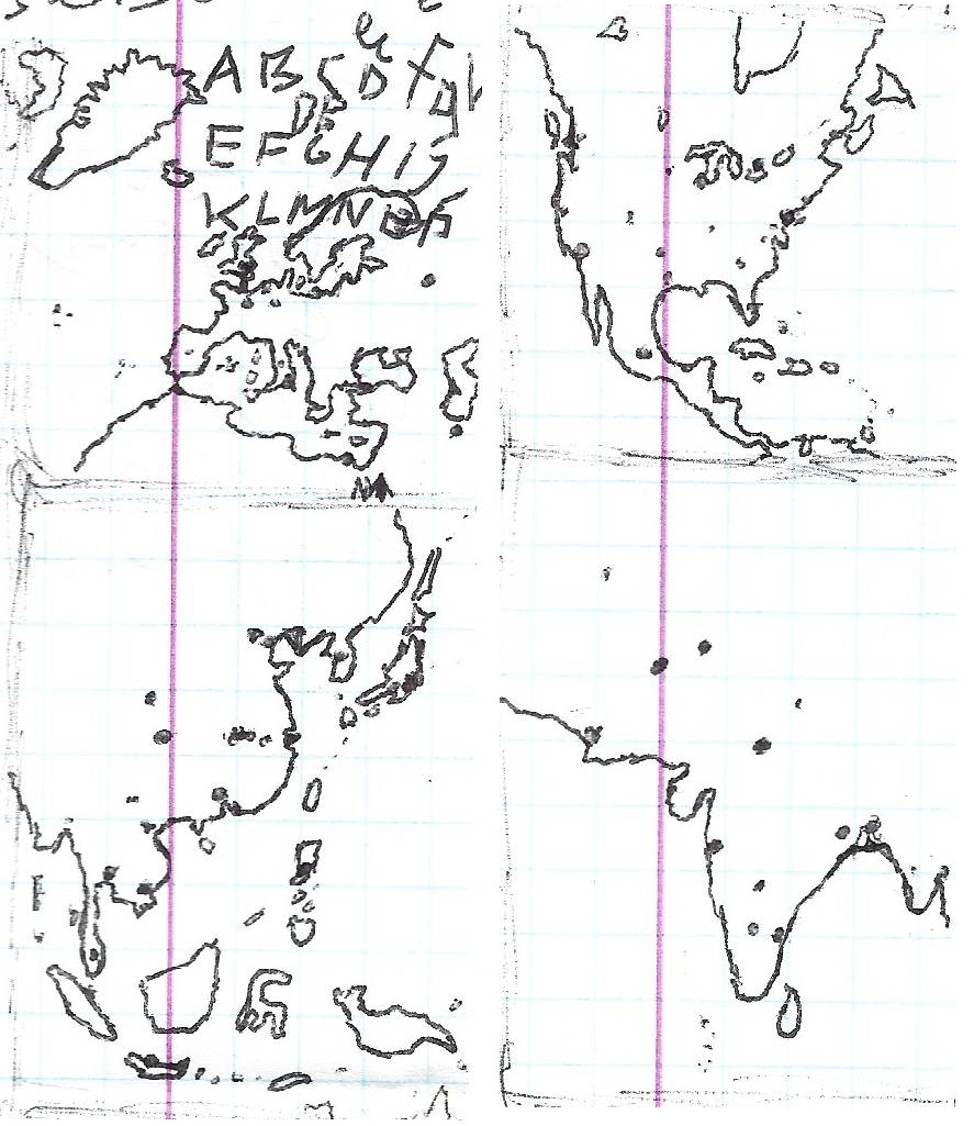 Hand-drawn maps of Europe, North America, East Asia and South Asia, made from memory (real world)