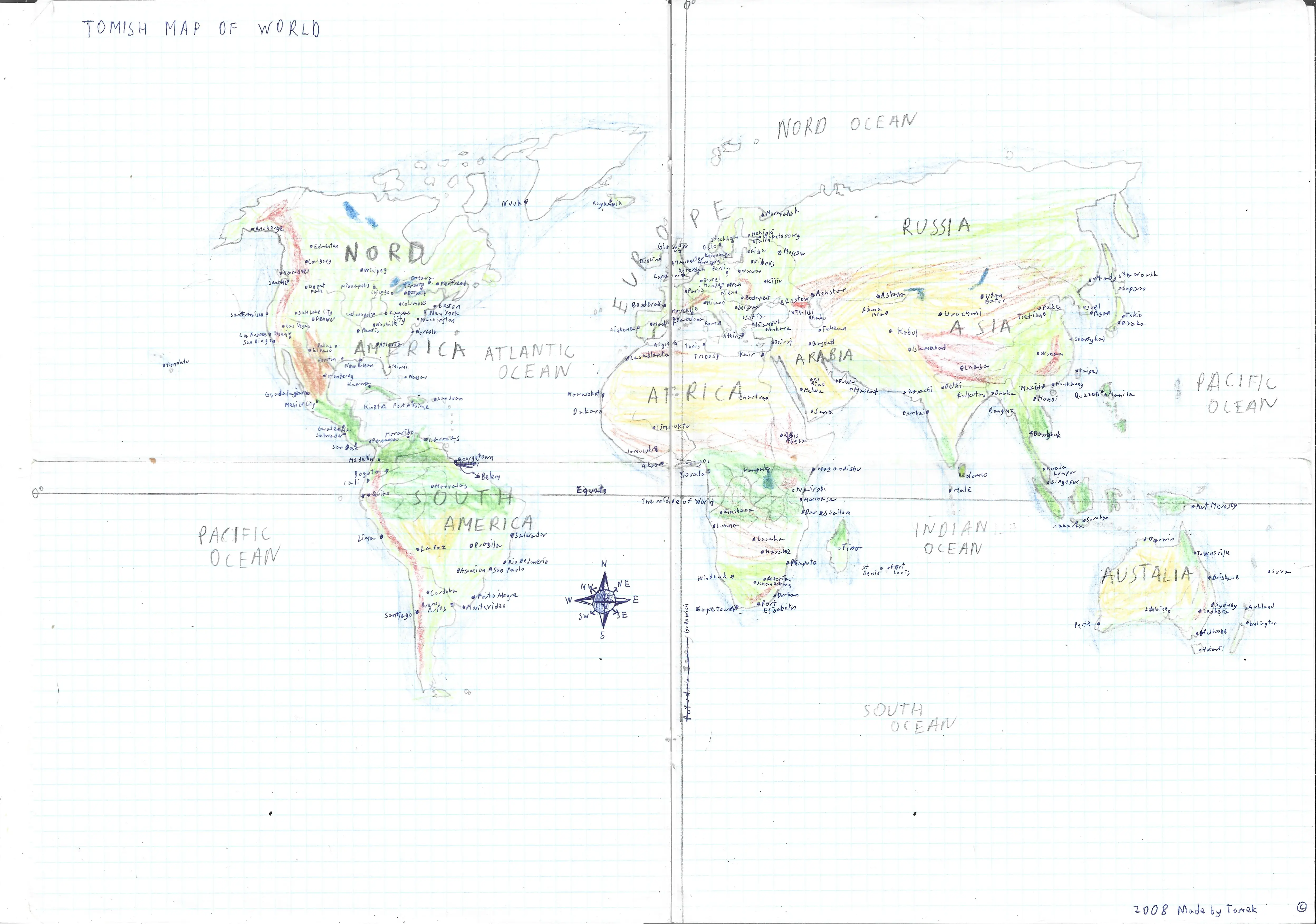 Hand-drawn map of world with cities, made from memory (real world)