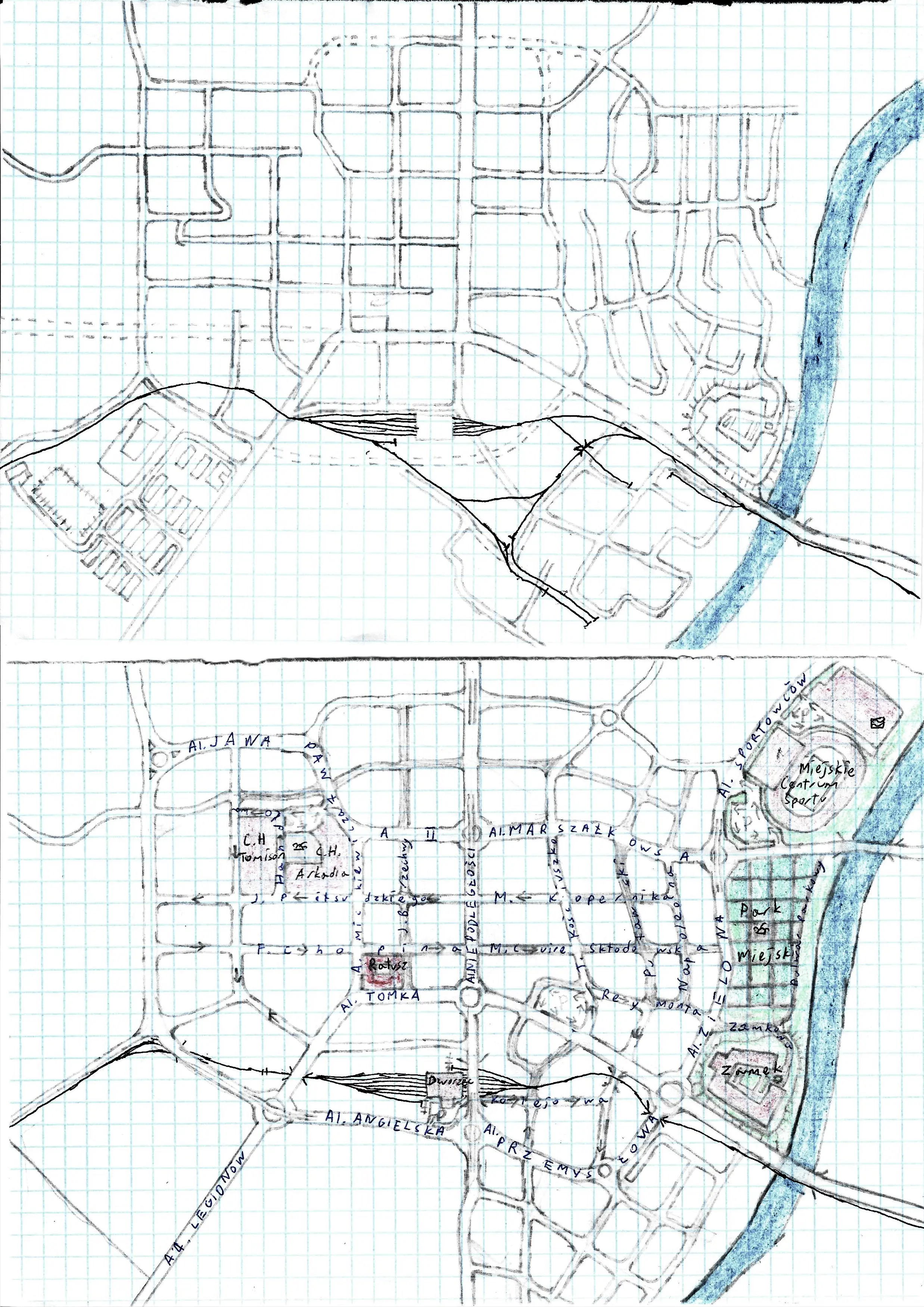 Two maps of the past and present layout of a town with the castle (fictional)