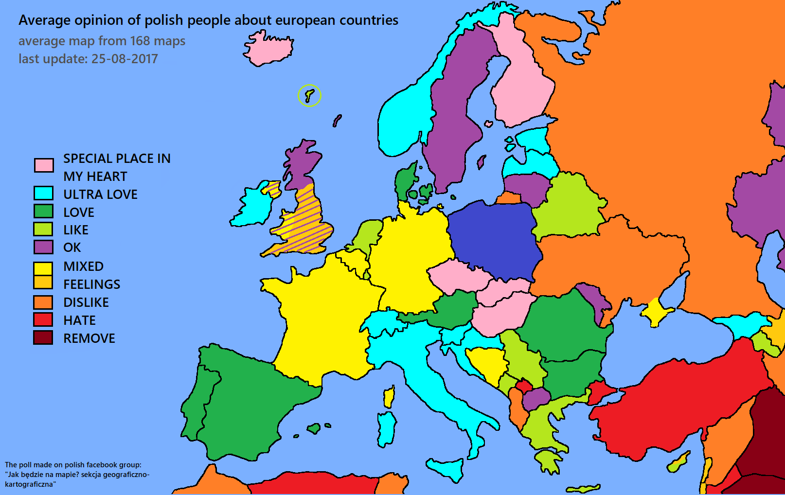 map of Europe with the combined score from the poll about the opinions about European countries